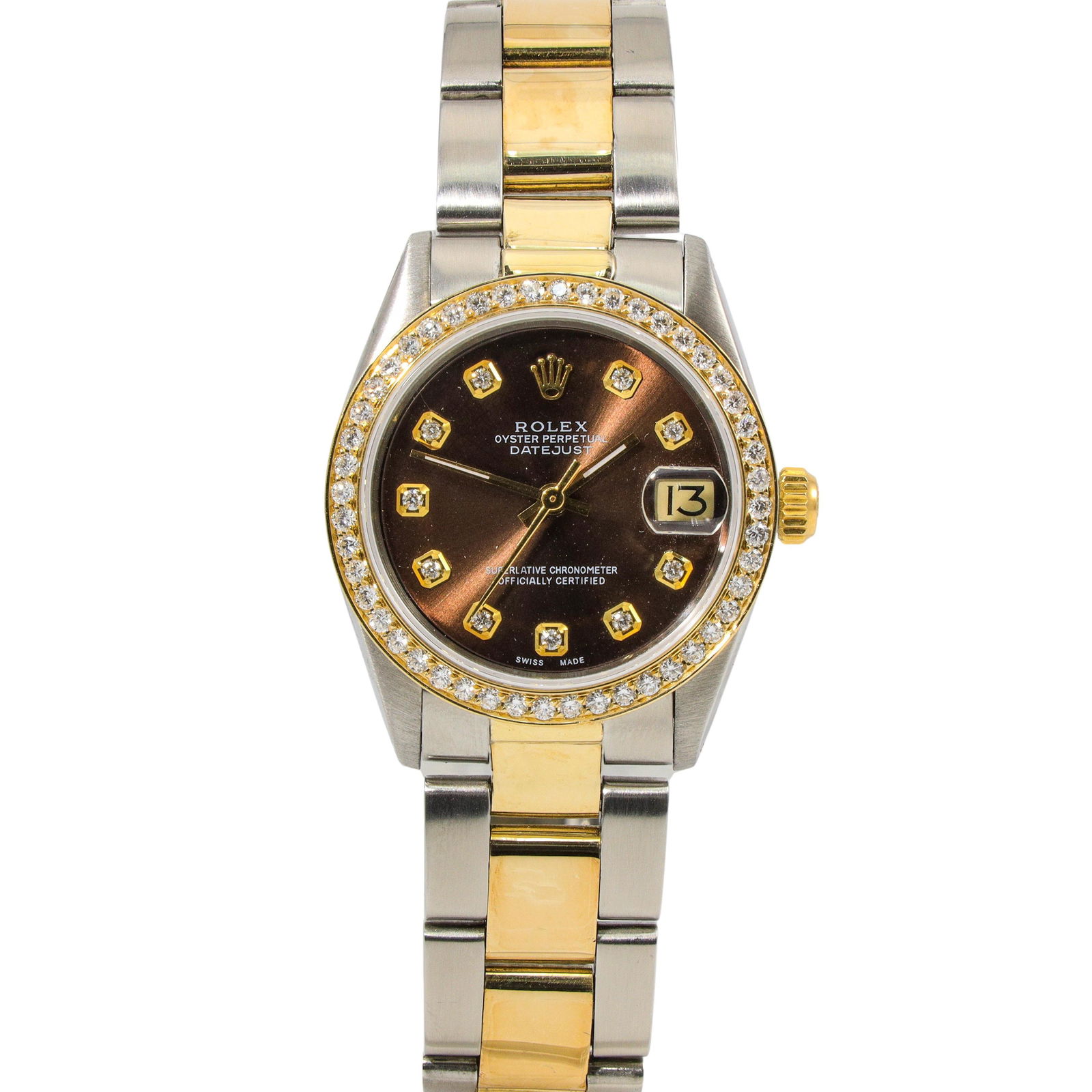 Authentic ROLEX DATEJUST 31mm Two Tone Oyster Bracelet: ROLEX DATEJUST 31mm Two Tone Oyster Bracelet Brown Dial 18kt Yellow Gold Diamond Bezel Manufacturer: ROLEX Condition: Gently Used MM: 31MM Reference Number: 6827 All Bidhaus items come with a 100% mon