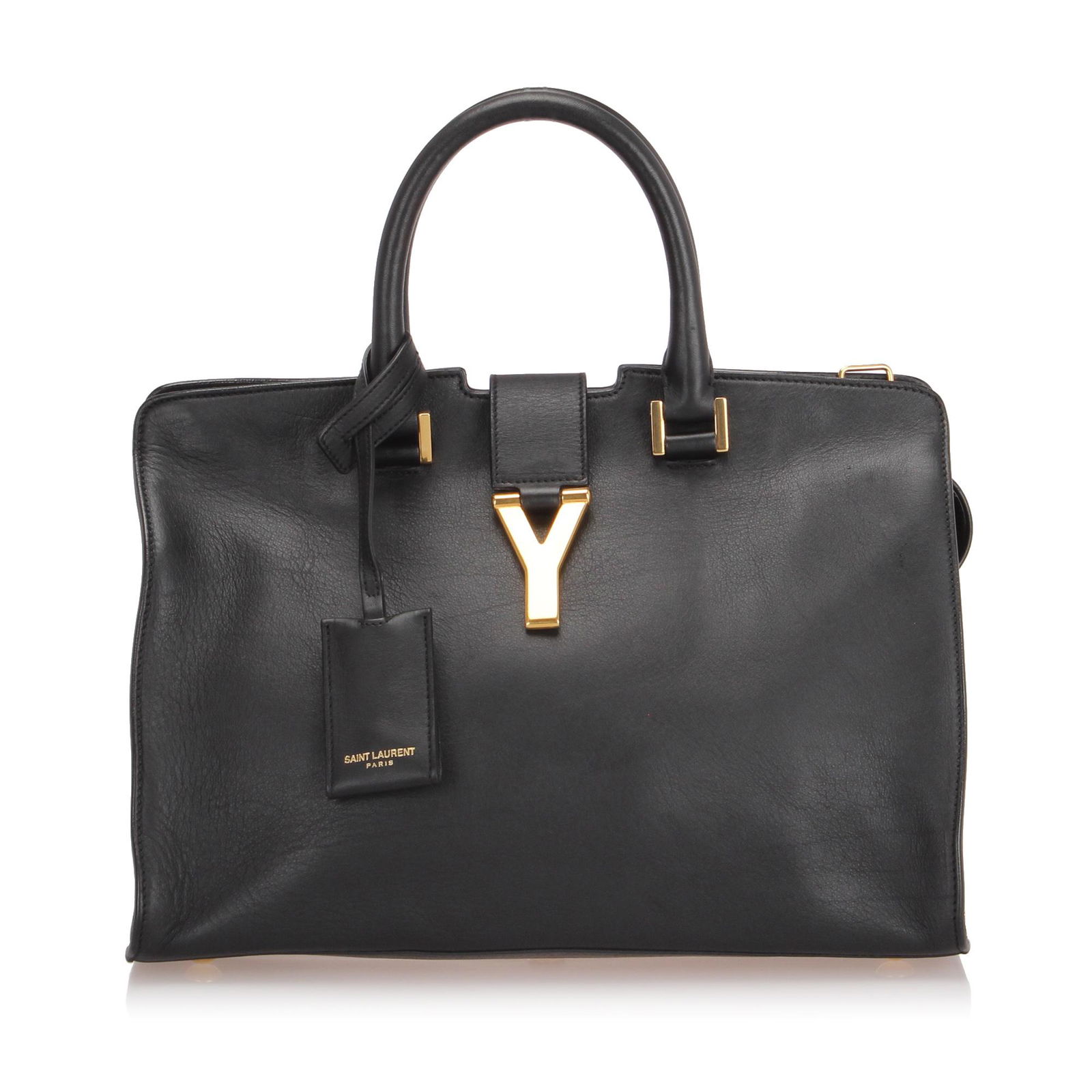 Authentic YSL Cabas Chyc Leather Satchel: The Cabas Chyc satchel features a leather body rolled leather handles a flat leather strap a top strap with a gold-tone Y hardware a top zip closure and interior zip and slip pockets. Brand: YSL Model