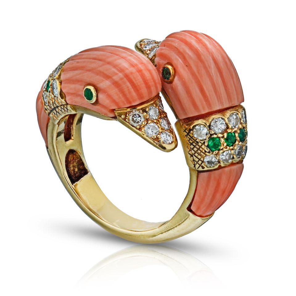 Authentic Van Cleef & Arpels Van Cleef & Arpels 18K: Type: Estate Rings Brand: Van Cleef & Arpels Metal: 18K Yellow Gold Grams: 10.5 Other Details: A CORAL DIAMOND AND EMERALD RING BY VAN CLEEF & ARPELS CIRCA 1965 Designed as two opposing carved coralli