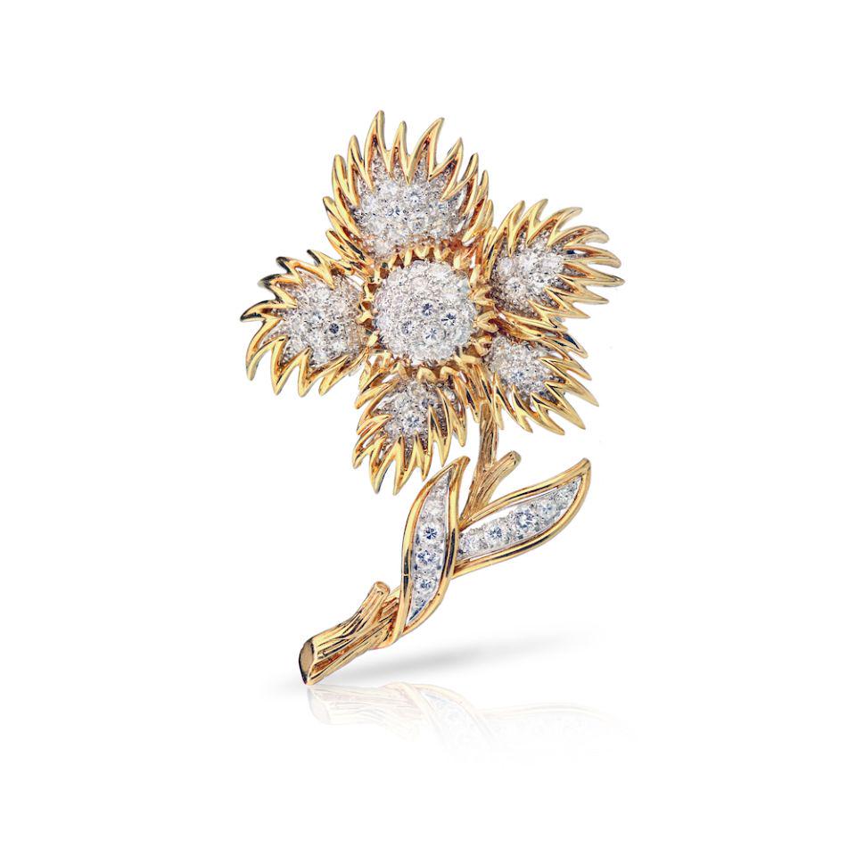 Authentic Van Cleef & Arpels Van Cleef & Arpels 18K: Type: Vintage Brooches Brand: Van Cleef & Arpels Metal: 18K Yellow Gold Grams: 21.3 Approximate Diamond Weight: 2.5 Cts Other Details: Van Cleef & Arpels 18K Yellow Gold Flower Diamond Brooch with app