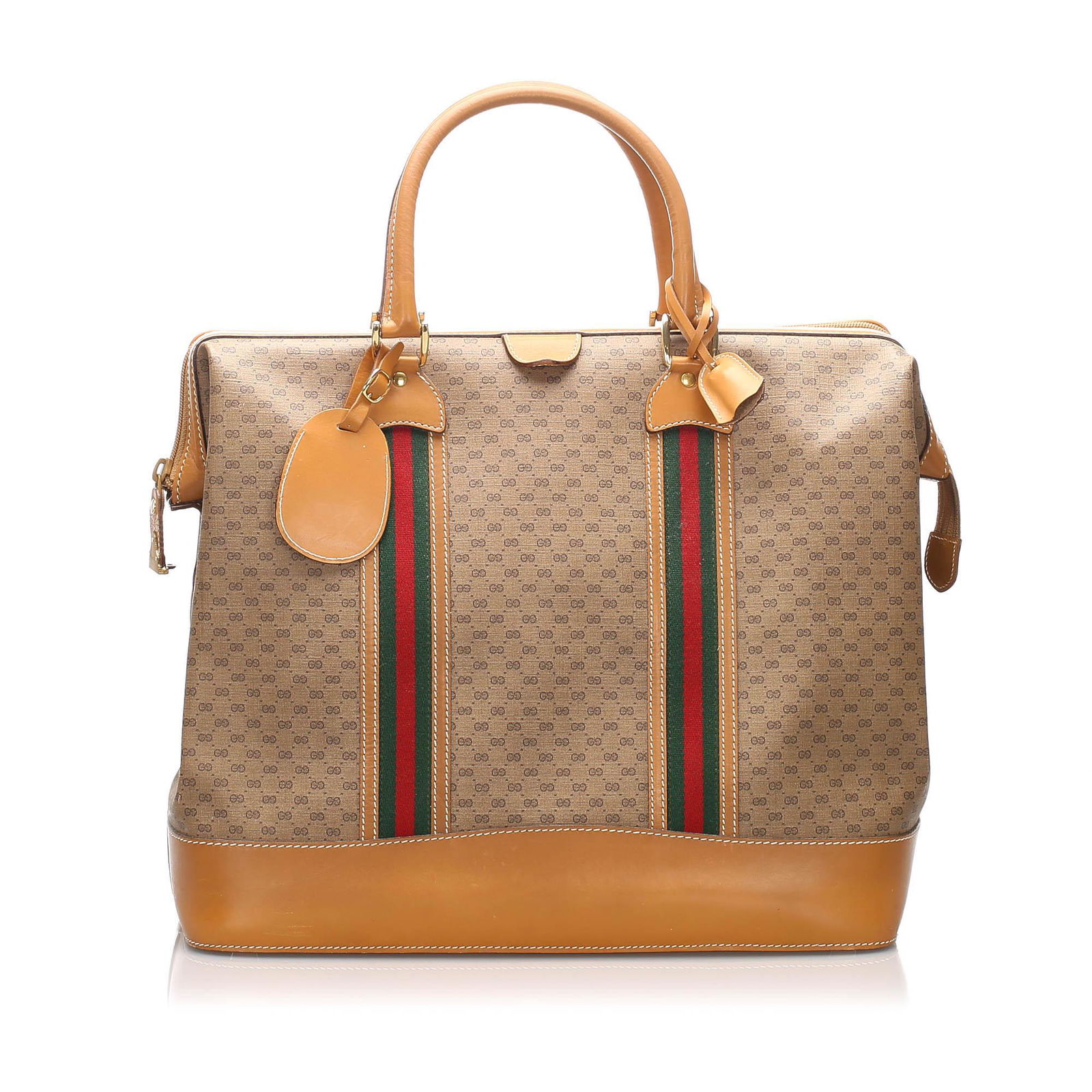 Authentic Gucci Gg Supreme Web Travel Bag: This travel features a coated canvas body with leather trim, rolled leather handles, a top zip closure, and an interior slip pocket.Brand: Gucci Model: GG Supreme Web Travel Bag Origin: Italy Category