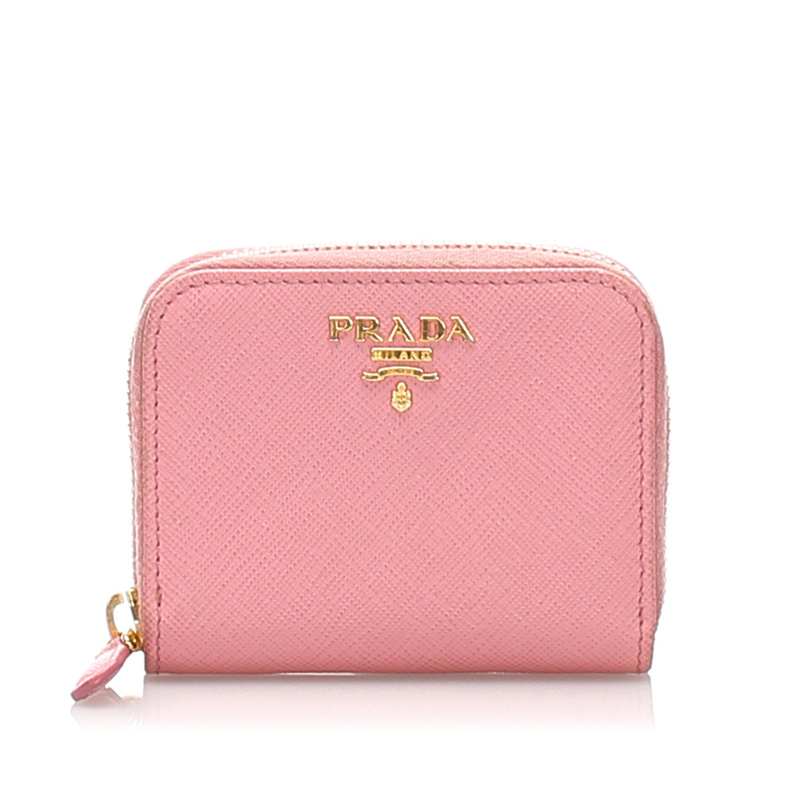 Authentic Prada Saffiano Coin Pouch: This coin pouch features a saffiano leather body a zip around closure and interior slip compartments. Brand: Prada Model: Saffiano Coin Pouch Origin: Italy Category: Coin Pouch Color: Pink Style: Saff