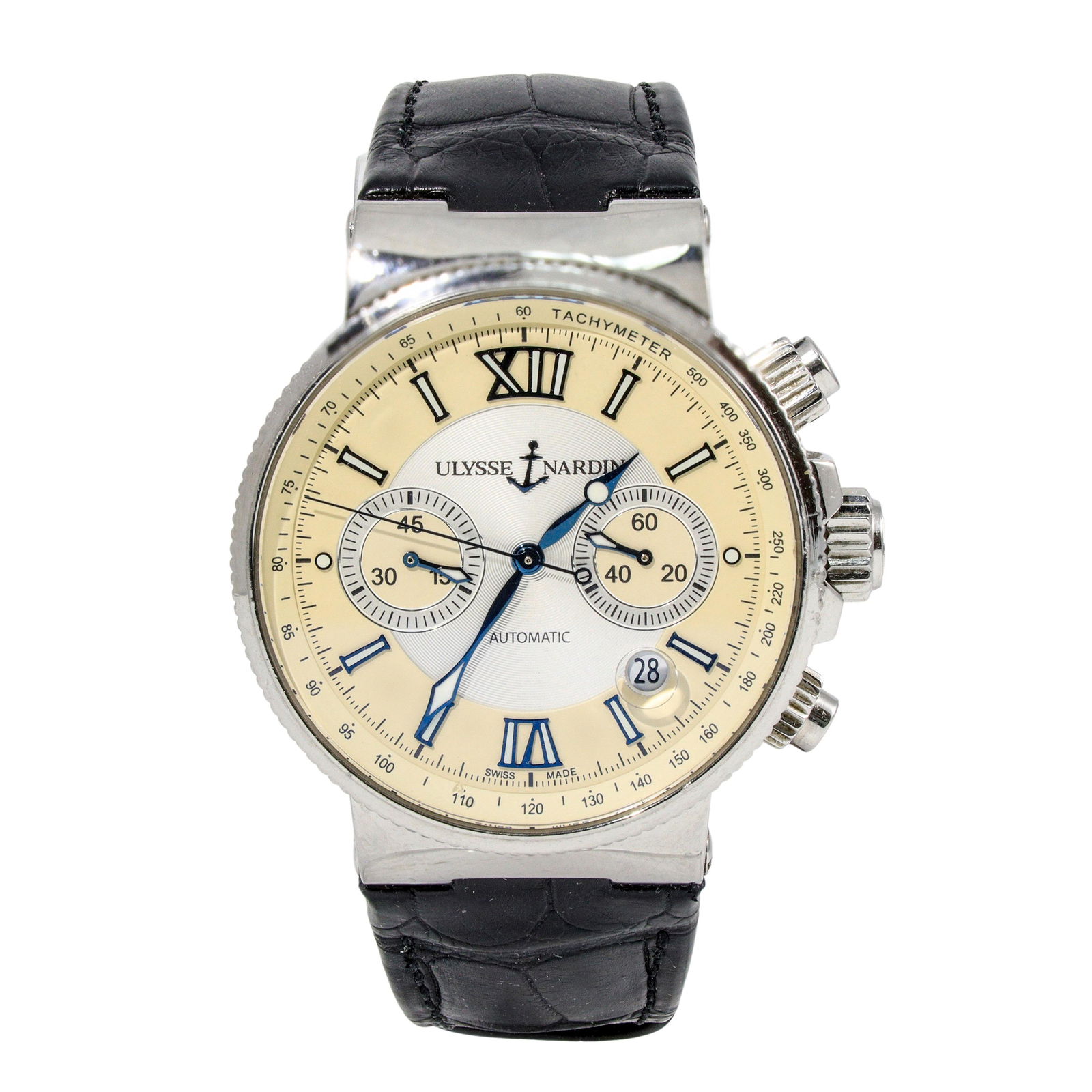 Authentic Maxi Marine Chronograph Ivory Dial Brown: Ulysse Nardin Maxi Marine Chronograph Ivory Dial Brown Leather Automatic Men's Watch 41mm Manufacturer: ULYSSE NARDIN Condition: Gently Used MM: 41MM Reference Number: 353-66 All Bidhaus items come wi