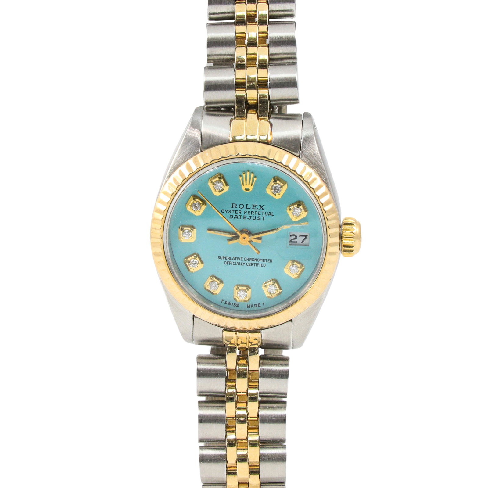 Authentic ROLEX DATEJUST 26mm Two-Tone Jubilee Bracelet: ROLEX DATEJUST 26mm Two-Tone Jubilee Bracelet Light Blue Diamond Dial 18kt Yeloow Gold Bezel Manufacturer: ROLEX Condition: Gently Used MM: 26MM Reference Number: 6917 All Bidhaus items come with a 10