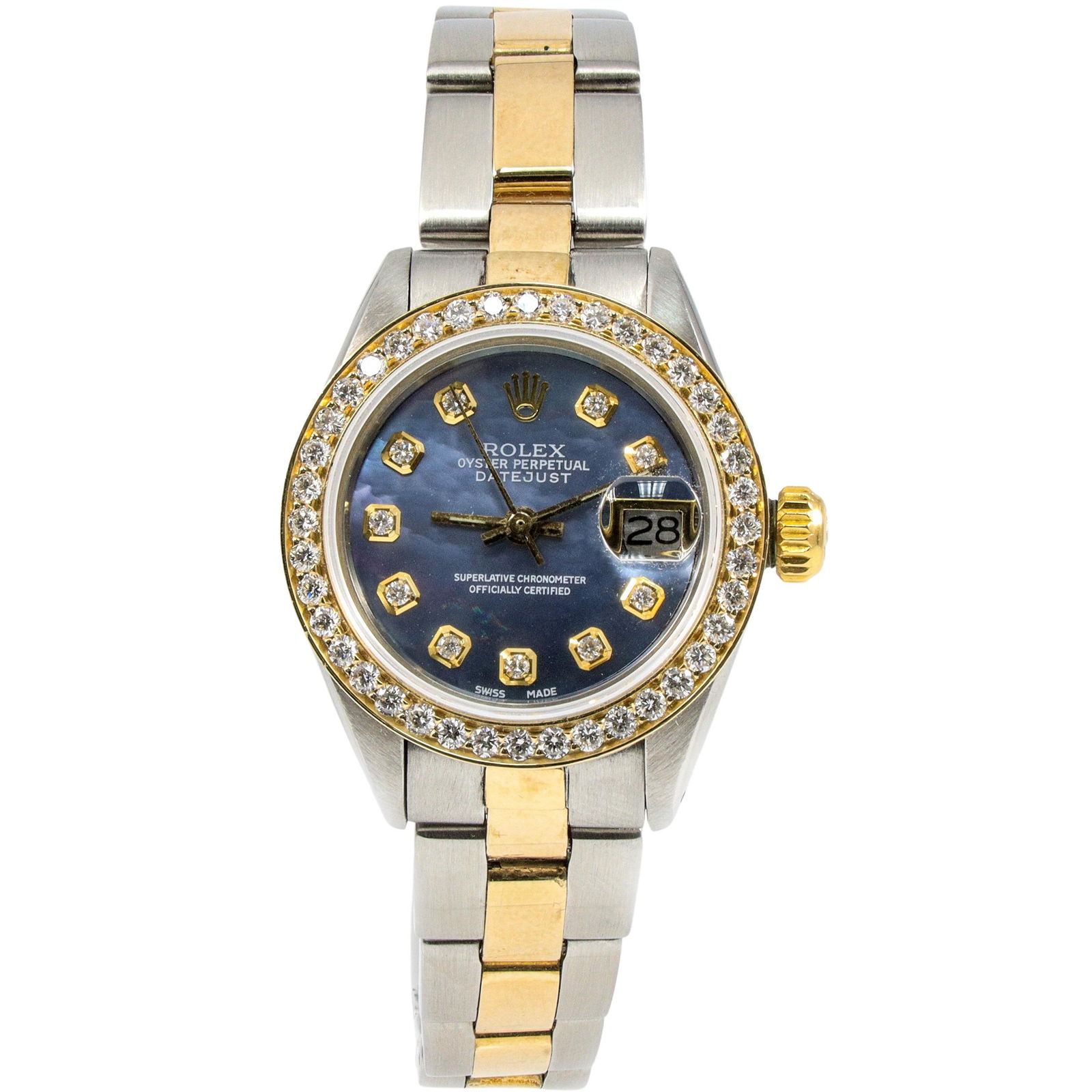 Authentic ROLEX DATEJUST 26mm Two-Tone Oyster: ROLEX DATEJUST 26mm Two-Tone Oyster Bracelet Purple MOP Diamond Dial 18KT Yellow Gold 1.00ct Diamond Bezel 1979 Manufacturer: ROLEX Condition: Gently Used MM: 26MM Reference Number: 6916 All Bidhaus i