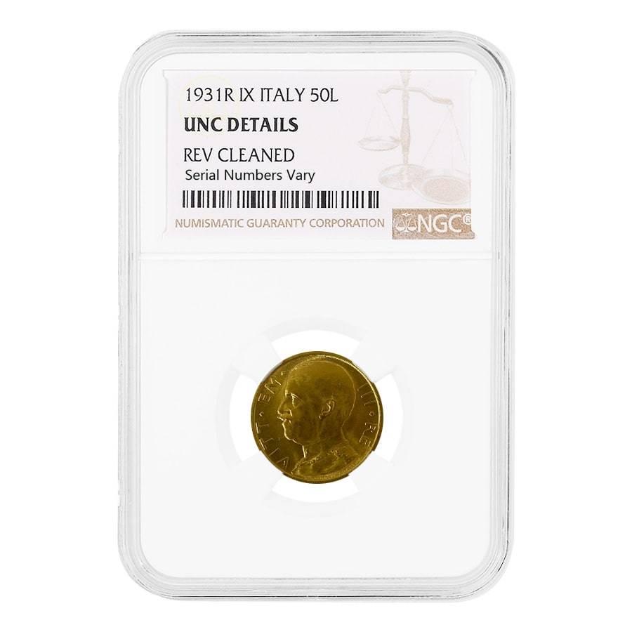 1931 R Italy Gold 50 Lire Vittorio Emanuele III NGC UNC: You are bidding on the total lot which includes 1 of the following item: 1931 R Italy Gold 50 Lire Vittorio Emanuele III NGC UNC Details Bidhaus proudly offers the 1931 R Italy Gold 50 Lire Vittorio E