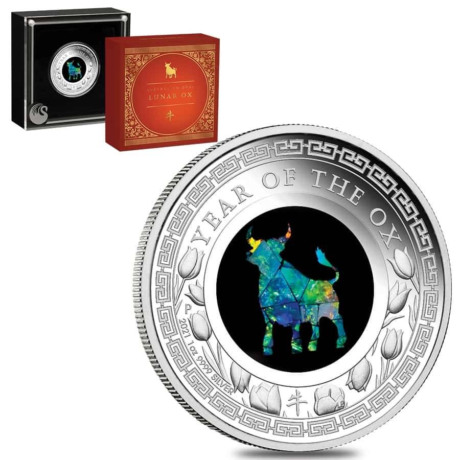 2021 1 oz Proof Silver Lunar Year of the Ox Opal Coin: You are bidding on the total lot which includes 1 of the following item: 2021 1 oz Proof Silver Lunar Year of the Ox Opal Coin Australian Perth Mint (w/Box & COA) Bidhaus brings you the newest release