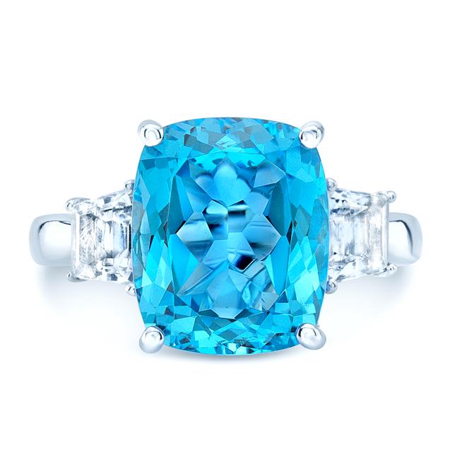 Blue Topaz Ring In 14k White Gold: Stunning Gemstone Ring With A Large Cushion Cut Swiss Blue Topaz At Its Center Flanked By Matching Trillion Cut White Topaz's In 14k White Gold14k White Gold Ring With 1 Cushion Cut Swiss Blue Topaz=1