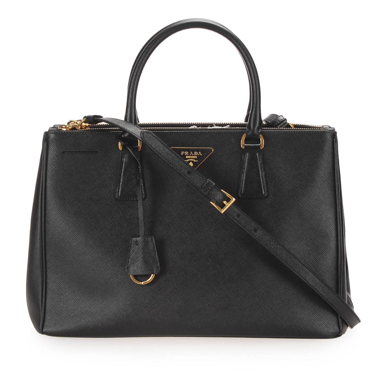 Authentic Prada Saffiano Double Zip Galleria Satchel: The Double Zip Galleria features a saffiano leather body rolled leather handles a detachable flat leather strap an open top with a magnetic snap button closure and an interior zip and slip pockets. Br