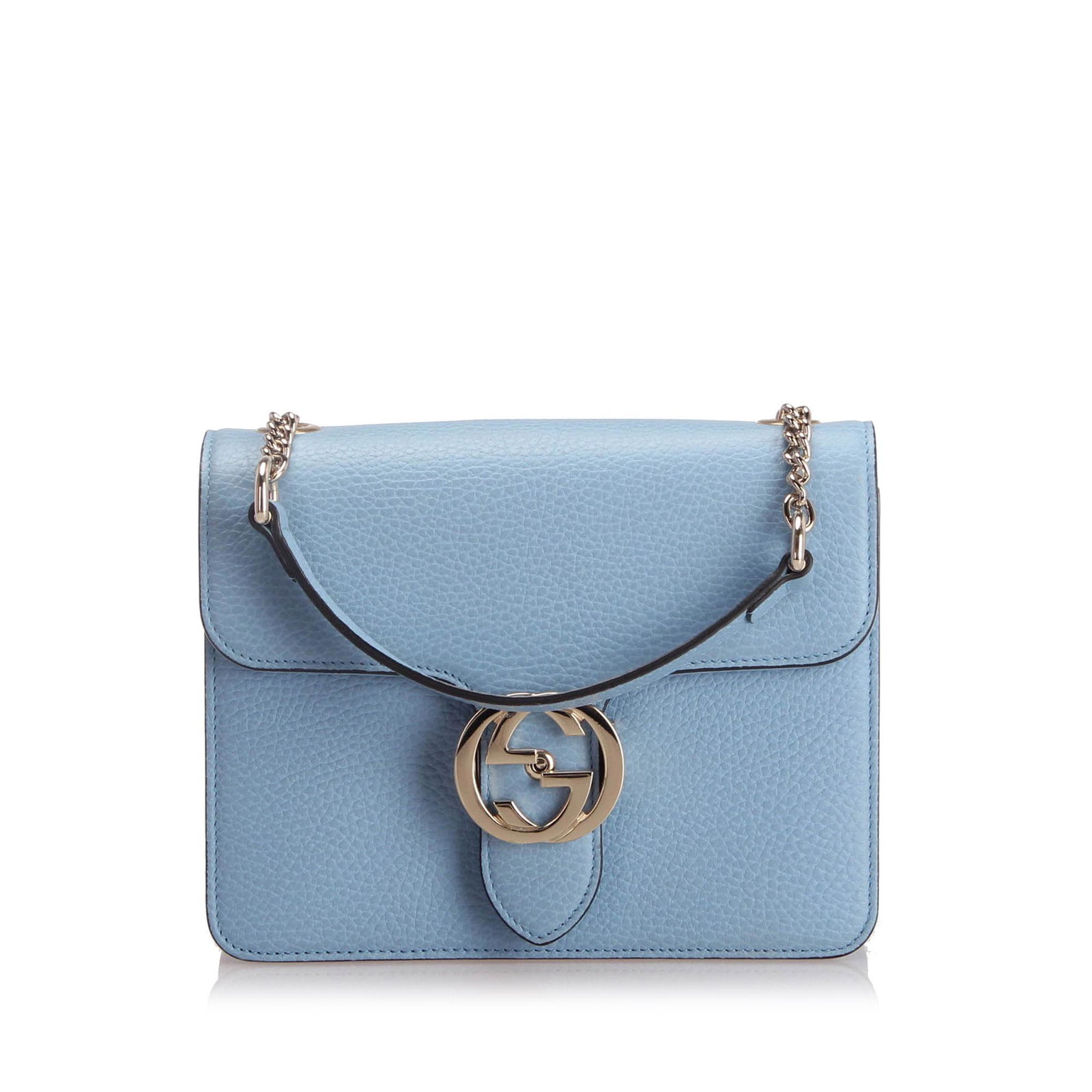 Authentic Gucci Interlocking G Leather Crossbody Bag: This crossbody bag features a leather body a chain-link shoulder strap with leather shoulder guard a front flap with gold-tone interlocking G flip-lock closure interior compartments and an interior sl