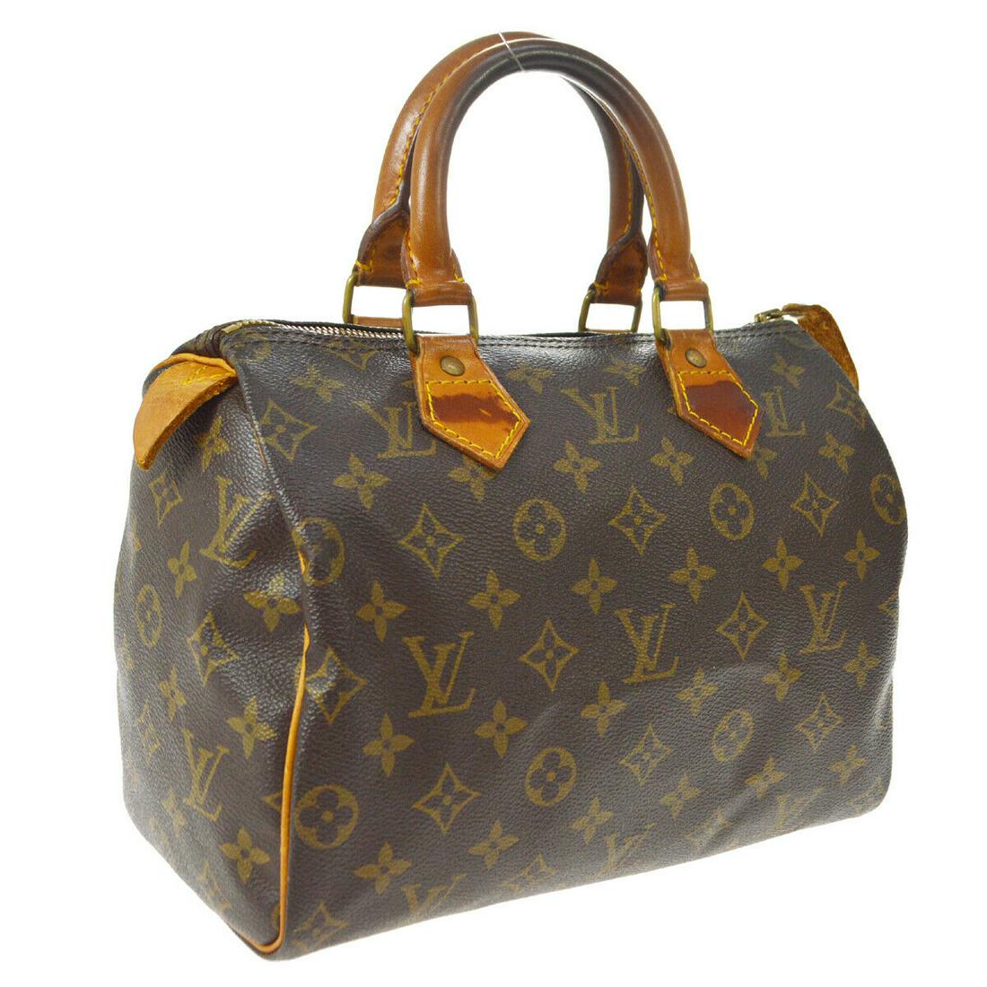 Authentic LOUIS VUITTON Speedy 25 Hand Bag: Brand: LOUIS VUITTON Model: Speedy 25 Hand Bag Country of Origin: Unknown Material: Canvas Color: Brown Size (Inch): W 9.8 x H 7.5 x D 5.9 " Handle Drop. 3.5 " Size (CM): W 25.0 x H 19.0 x D 15.0 cm H
