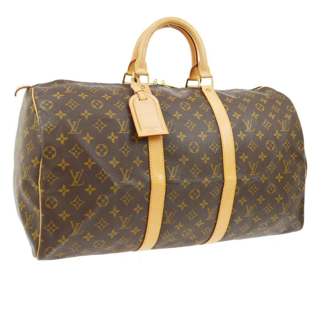 Authentic LOUIS VUITTON Keepall 50 Travel Hand Bag: Brand: LOUIS VUITTON Model: Keepall 50 Travel Hand Bag Country of Origin: France Material: Canvas Color: Brown Size (Inch): W 20.1 x H 11.0 x D 8.7 "Handle Drop. 4.3 " Size (CM): W 51.0 x H 28.0 x D 2