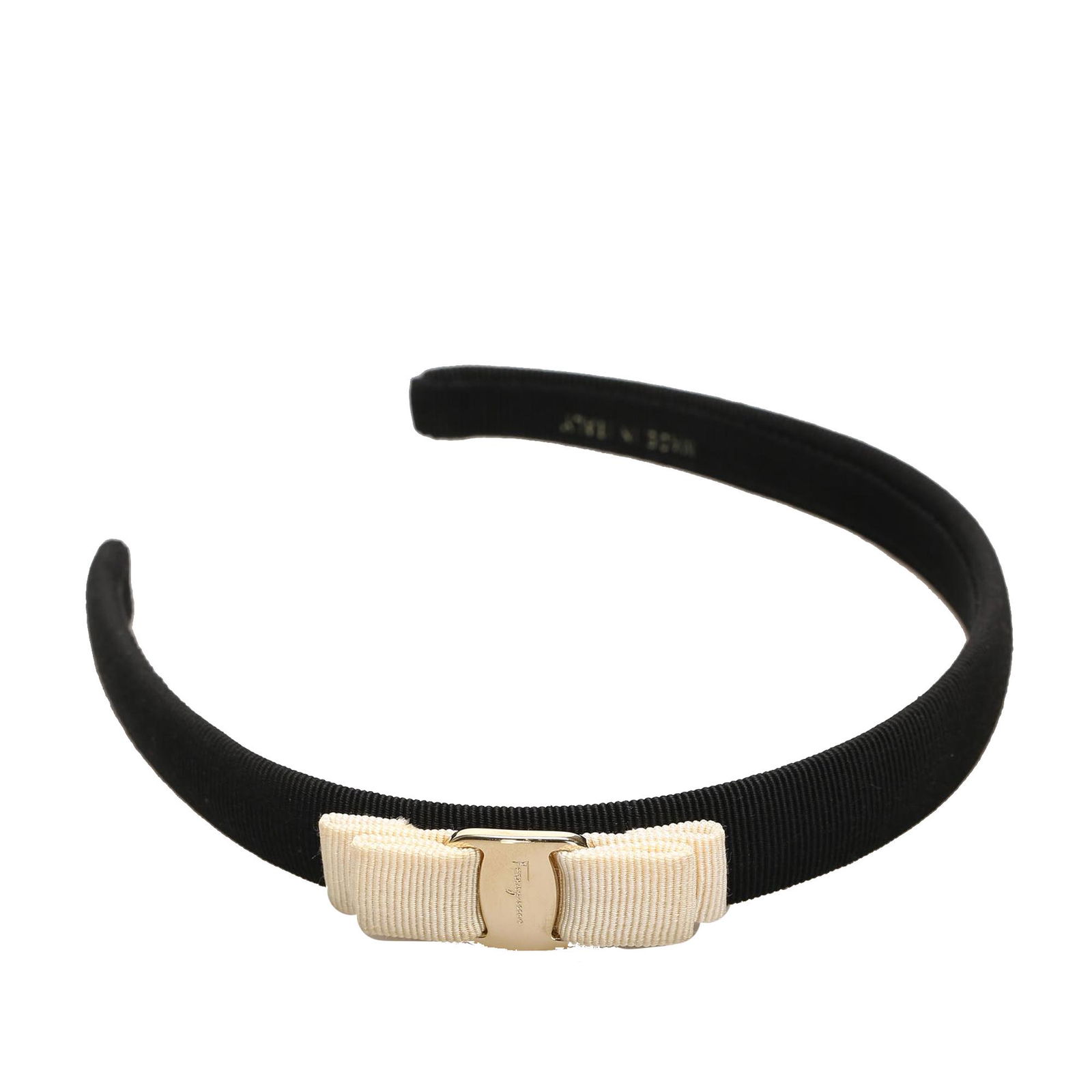 Authentic Ferragamo Vara Bow Grosgrain Headband: The Vara Bow headband features a grosgrain body with a gold-tone detail. Brand: Ferragamo Model: Vara Bow Grosgrain Headband Origin: Italy Category: Other Accessories Color: Black x White Style: Vara