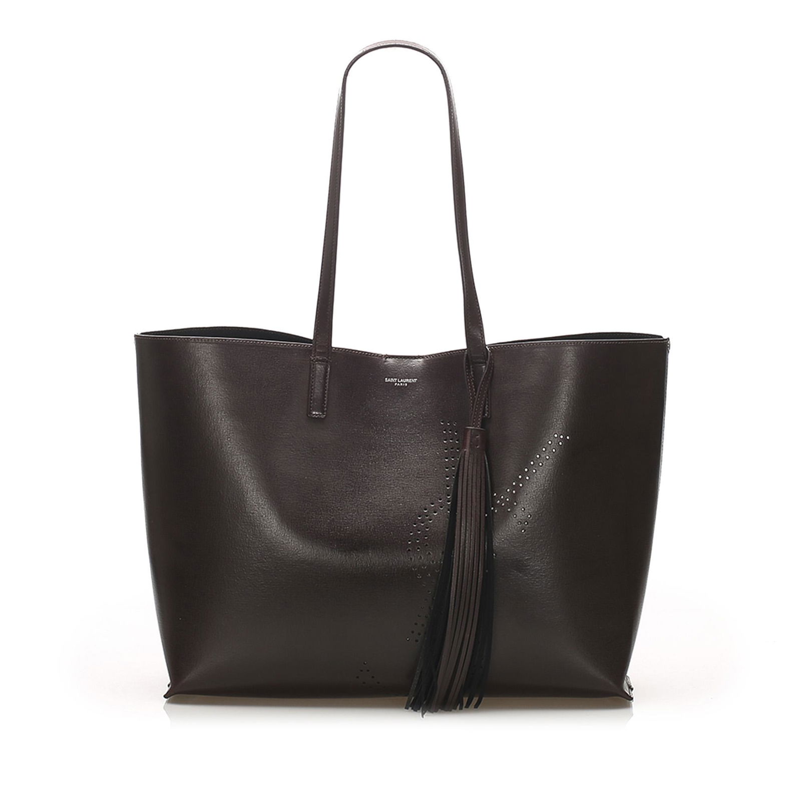 Authentic YSL Tassel Leather Shopping Tote Bag: This tote bag features a leather body an open top with snap closure and a flat leather straps. Brand: YSL Model: Tassel Leather Shopping Tote Bag Origin: France Category: Tote Bag Color: Brown x Dark