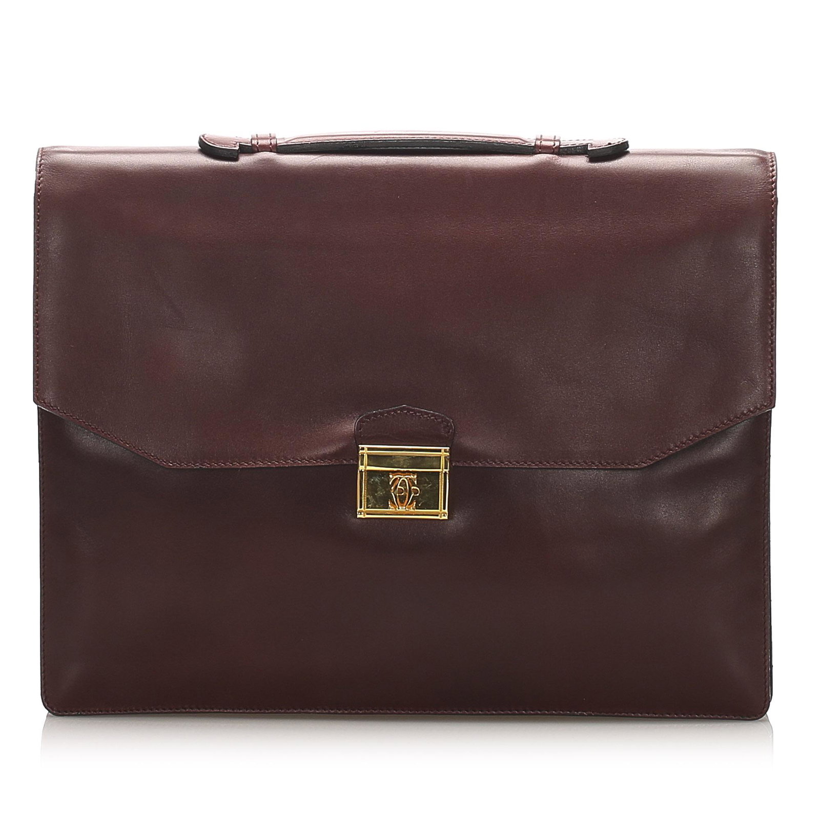 Authentic Cartier Must De Cartier Leather Briefcase: This briefcase features a leather body a flat leather top handle and a front flap with a metal push lock closure. Brand: Cartier Model: Must De Cartier Leather Briefcase Origin: France Category: Busin