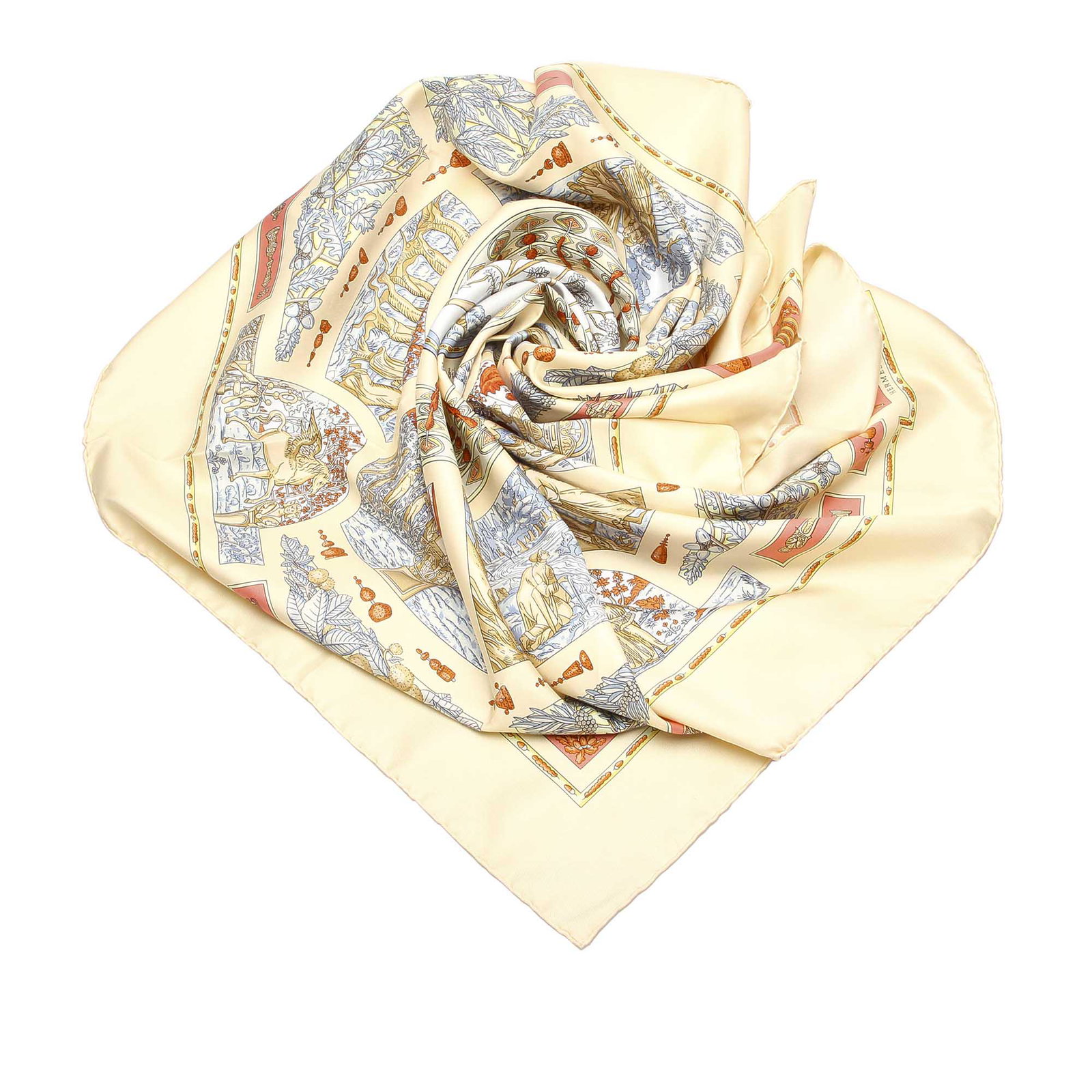 Authentic Hermes Printed Silk Scarf: This scarf features a print on 100% silk. Brand: Hermes Model: Printed Silk Scarf Origin: France Category: Scarves Color: White x Multi Style: Others Material: Fabric x Silk Condition: B+ Length CM: 9