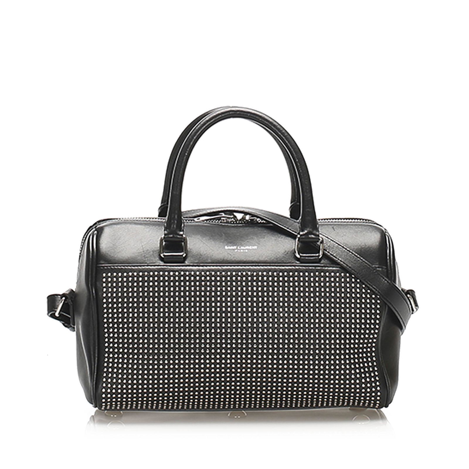 Authentic YSL Classic Baby Leather Duffle Bag: The Classic Baby Duffle features a leather body with studs rolled leather handles a detachable flat leather strap a top zip closure and an interior slip pocket. Brand: YSL Model: Classic Baby Leather