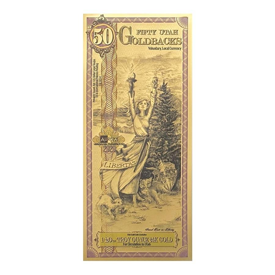 50 Utah Goldbacks 1/20 oz 24K Gold Foil Aurum Note: You are bidding on the total lot which includes 1 of the following item: 50 Utah Goldbacks 1/20 oz 24K Gold Foil Aurum Note Please note multiple notes come in one plastic sleeve. Looking for unique wa