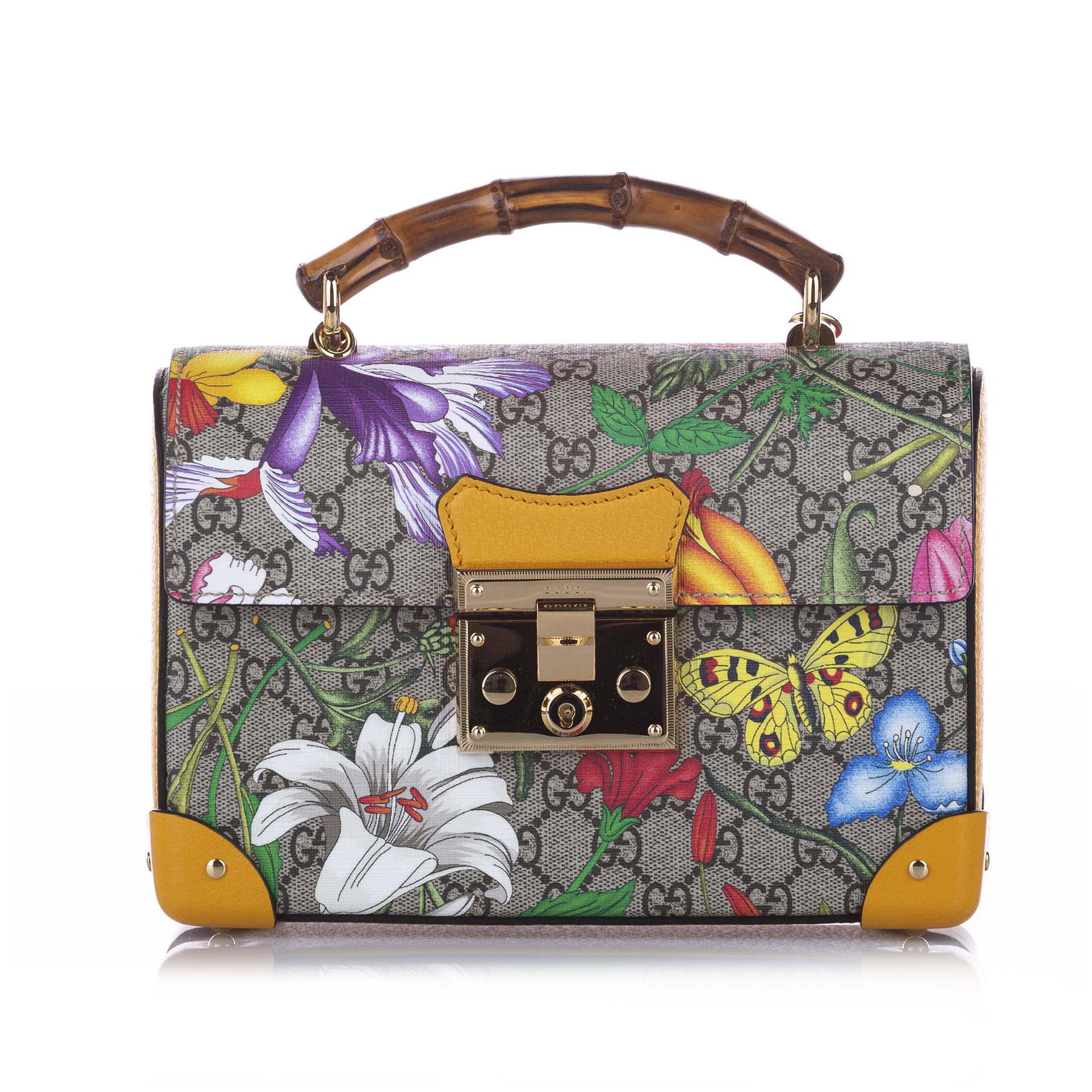 Authentic Gucci GG Tian Bamboo Padlock Satchel: The Padlock satchel features a coated canvas body top bamboo handle a detachable flat strap and a front flap with push lock closure. Brand: Gucci Model: GG Tian Bamboo Padlock Satchel Origin: Italy Ca
