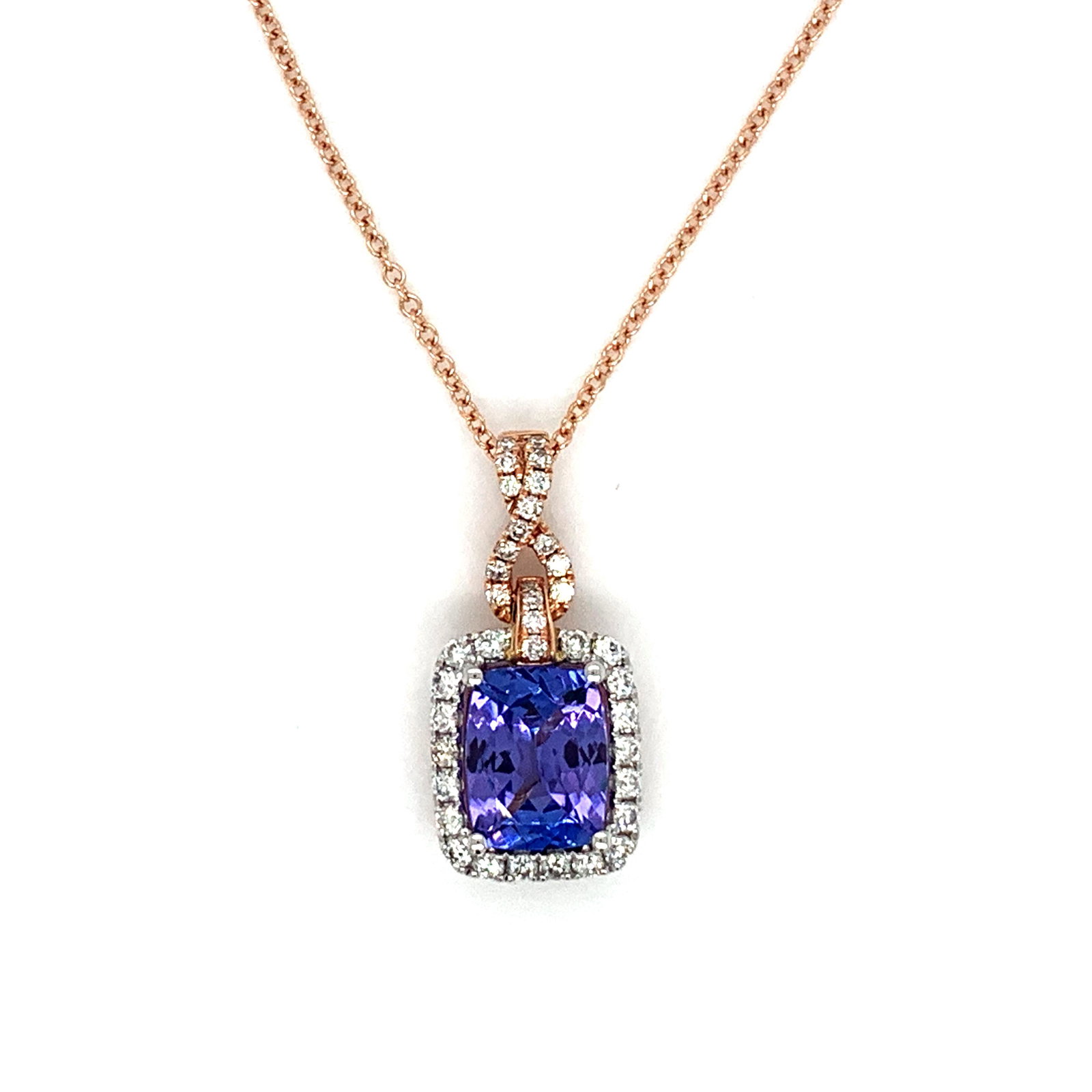 E.H. Collection Pendant: Jewelry Type : Pendant Jewelry Style : Pendant with Chain Metal Type : 14KRW Brand : E.H. Collection Center Stone : Stone Type : Tanzanite Center Stone : Stone Weight : 1.90 Center Stone : Quantity : 