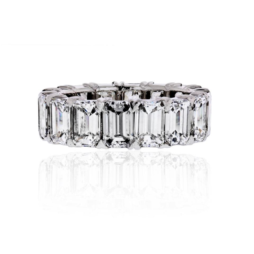 Platinum 6.50 Carat Emerald Cut Diamond Eternity Band: Type: Eternity Bands Metal: Platinum Grams: 5.6 Exact Diamond Weight: 6.5 Cts Ring Size: 4.5 Measurements: Finger Size: 4.5 Condition: Excellent. Other Details: Handmade diamond eternity band crafted