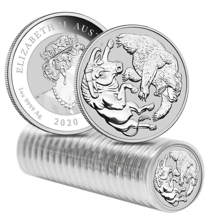 Roll of 20 - 2020 1 oz Silver Australian Bull and Bear: You are bidding on the total lot which includes 1 of the following item: Roll of 20 - 2020 1 oz Silver Australian Bull and Bear Coin Perth Mint .9999 Fine BU In Cap (Tube Lot of 20) Bidhaus is now off