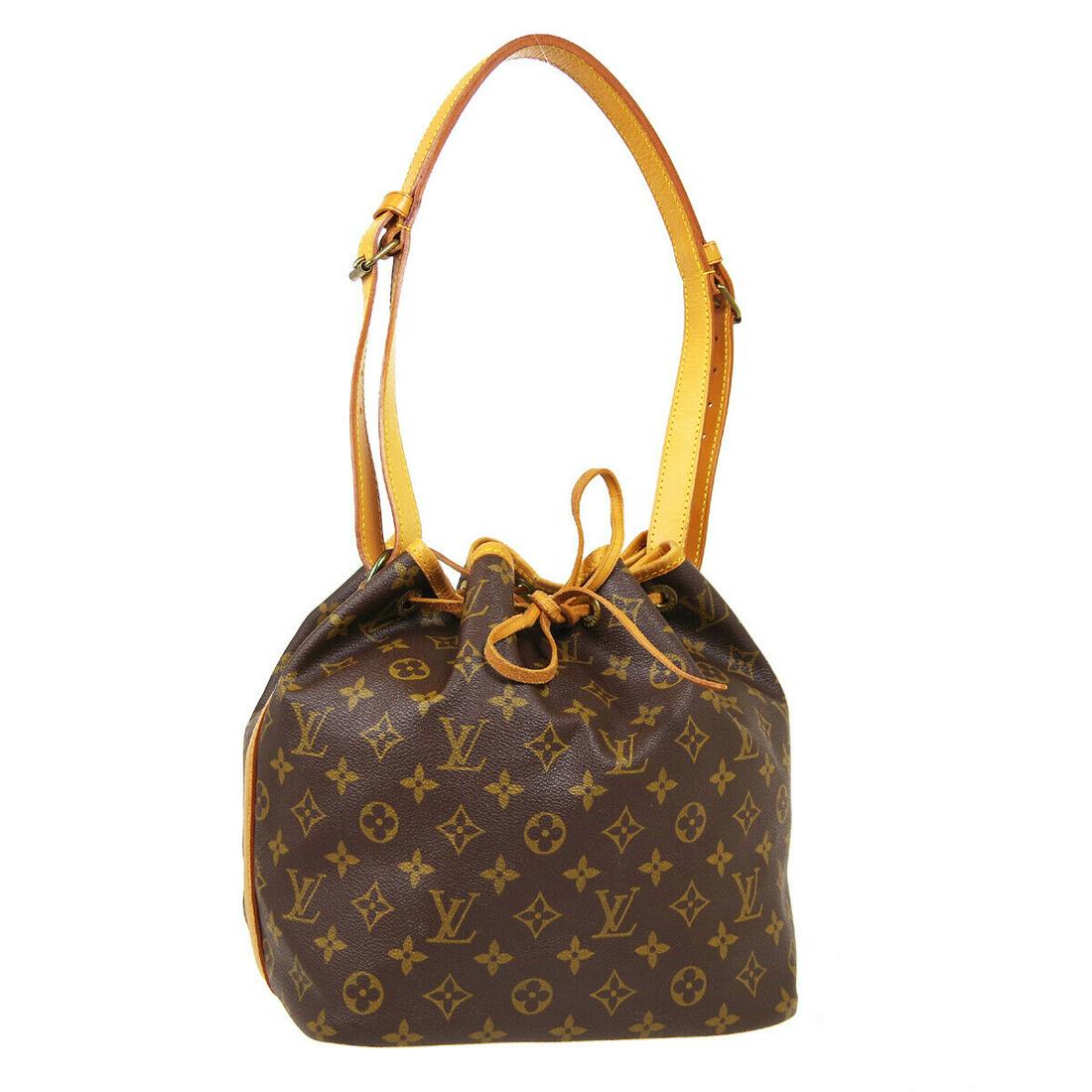 Authentic LOUIS VUITTON Petit Noe Shoulder Bag: Brand: LOUIS VUITTON Model: Petit Noe Shoulder Bag Country of Origin: France Material: Canvas Color: Brown Size (Inch): W 9.4 x H 10.6 x D 7.1 " Strap Drop. 8.7 - 11.8 " Size (CM): W 24.0 x H 27.0 x D