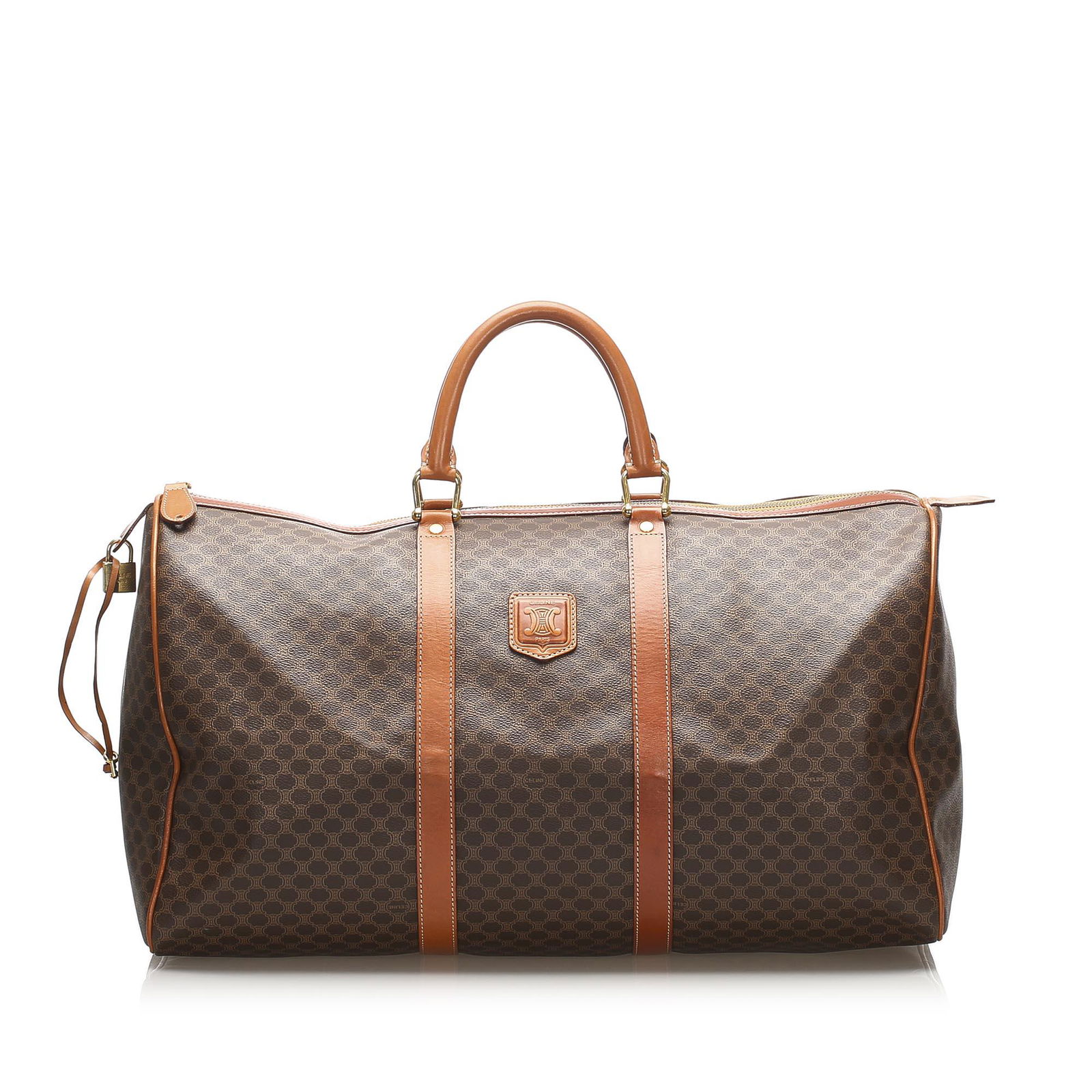Authentic Celine Macadam Travel Bag: This travel bag features a pvc body with leather trim rolled leather handles a top zip closure and an interior zip pocket. Brand: Celine Model: Macadam Travel Bag Origin: France Category: Bags Color:
