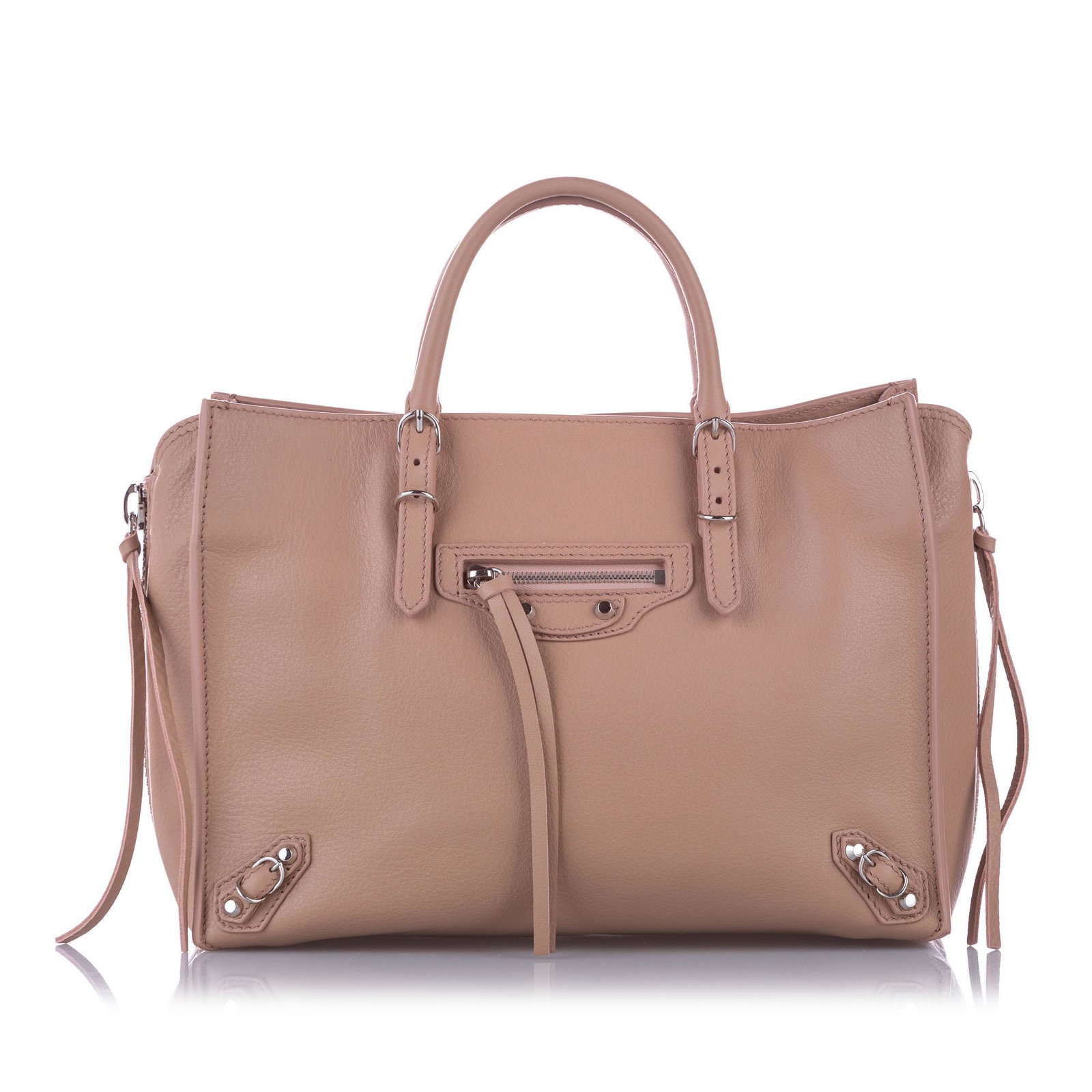 Authentic Balenciaga Papier A6 Leather Zip-Around: The Papier A6 satchel features a leather body an exterior front zip pocket rolled leather handles a detachable flat strap an open top and an interior zip pocket. Brand: Balenciaga Model: Papier A6 Lea