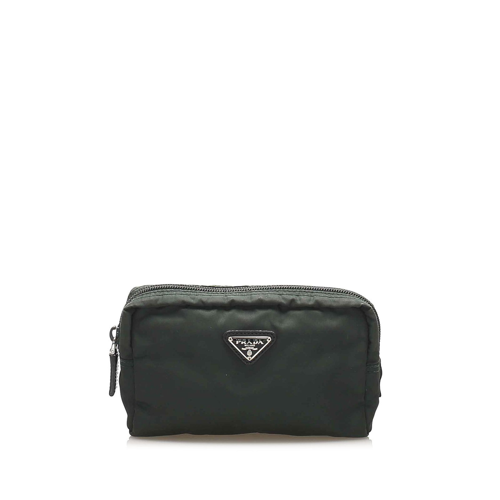 Authentic Prada Tessuto Pouch: This pouch features a nylon body an exterior front zip pocket a top zip closure and an interior zip pockets. Brand: Prada Model: Tessuto Pouch Origin: Italy Category: Pouch Color: Black Style: Tessuto