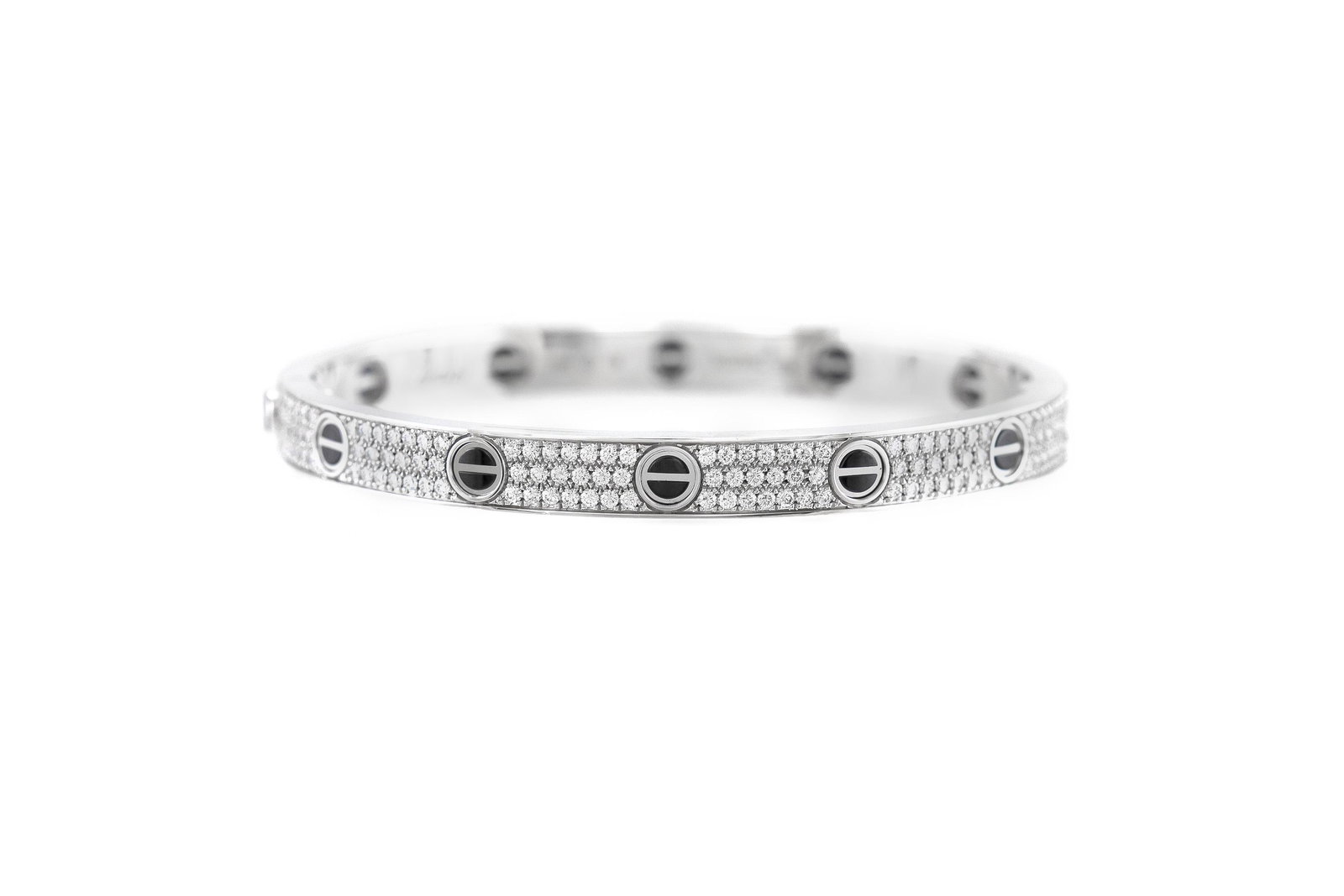 Authentic Cartier Diamond Love Bracelet 18k White Gold: Finely crafted in 18k white gold with diamonds weighing a total of 1.99 carats.Signed by Cartier.Comes with original Cartier box and certificate.Size 186.7 mm wide All Bidhaus items come with a 100% m
