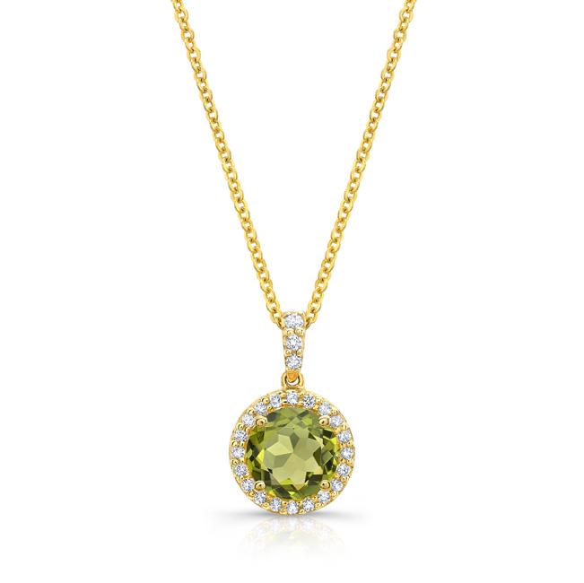 14ky Peridot & Diamond Pendant: 14 Karat Yellow Gold Pendant With 1 Round Cut Peridot At 7mm And 23 Round Brilliant Diamonds Weighing 0.15 Carats 14 Karat Yellow Gold Pendant With 1 Round Cut Peridot At 7mm And 23 Round Brilliant Di