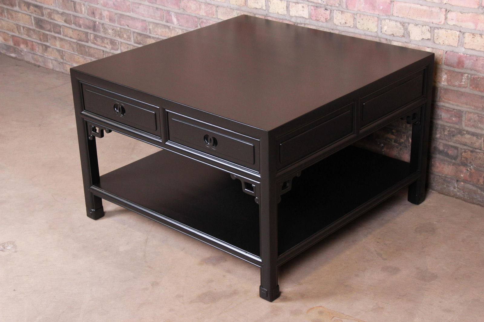 Michael Taylor for Baker Furniture Chinoiserie Black: An exceptional mid-century Hollywood Regency Chinoiserie coffee or cocktail table By Michael Taylor for Baker Furniture "Far East" Collection USA Circa 1960s Measures: 34"W x 34"D x 22.13"H. Expertly