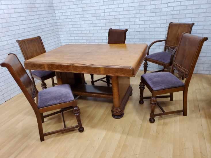 Art Deco Waterfall Dining Table with Five Dining Chairs: Art Deco Butterfly Dining Table on Waterfall Legs and Leaf and Five Dining Chairs - 6 Piece Set There are 4 chairs and 1 arm chair. Circa 1950 5 Chair H 38” W 20” D 21” Seat H 19&rdq