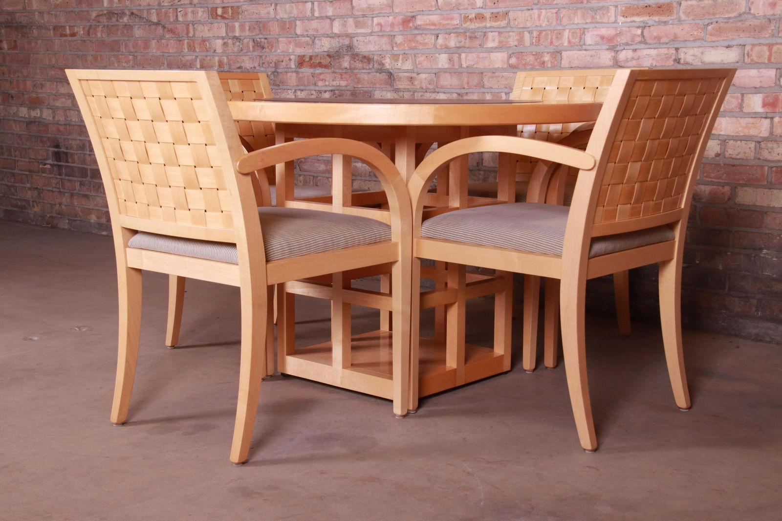 Geiger-Brickel Modern Dining or Game Table and Chairs: An exceptional dining or game table set including a table and four armchairs By Geiger-Brickel USA 1990s Chairs have solid maple frames with woven backs and striped sage green Donghia upholstered seat