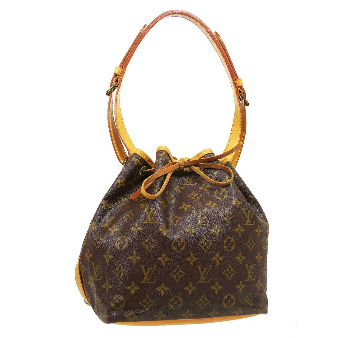 Authentic LOUIS VUITTON Petit Noe Shoulder Bag: Brand: LOUIS VUITTON Model: Petit Noe Shoulder Bag Country of Origin: France Material: Canvas Color: Brown Size (Inch): W 9.4 x H 10.6 x D 7.1 " Strap Drop. 9.8 - 13.0 " Size (CM): W 24.0 x H 27.0 x D