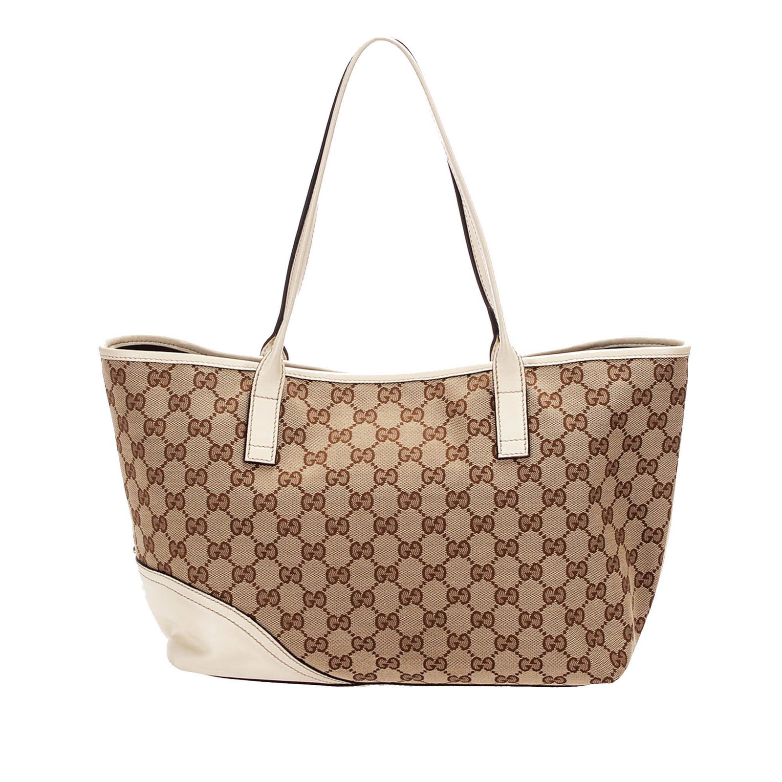 Authentic Gucci GG Canvas Tote Bag: This tote bag features a canvas body with leather trim rolled leather straps an open top and an interior zip pocket. Brand: Gucci Model: GG Canvas Tote Bag Origin: Italy Category: Bags Color: Brown St