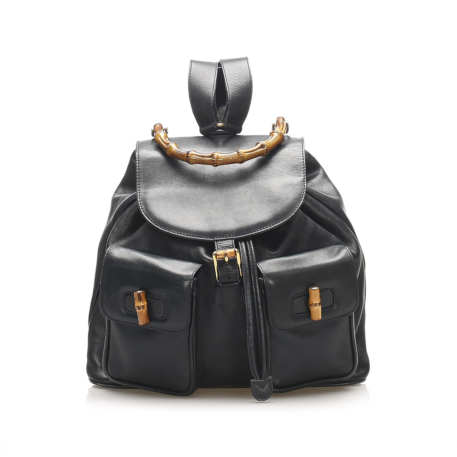 Authentic Gucci Bamboo Drawstring Leather Backpack: This backpack features a leather body flat back straps a bamboo top handle a top flap with buckle closure a drawstring closure front exterior flap pockets with a bamboo twist lock closure and an inter