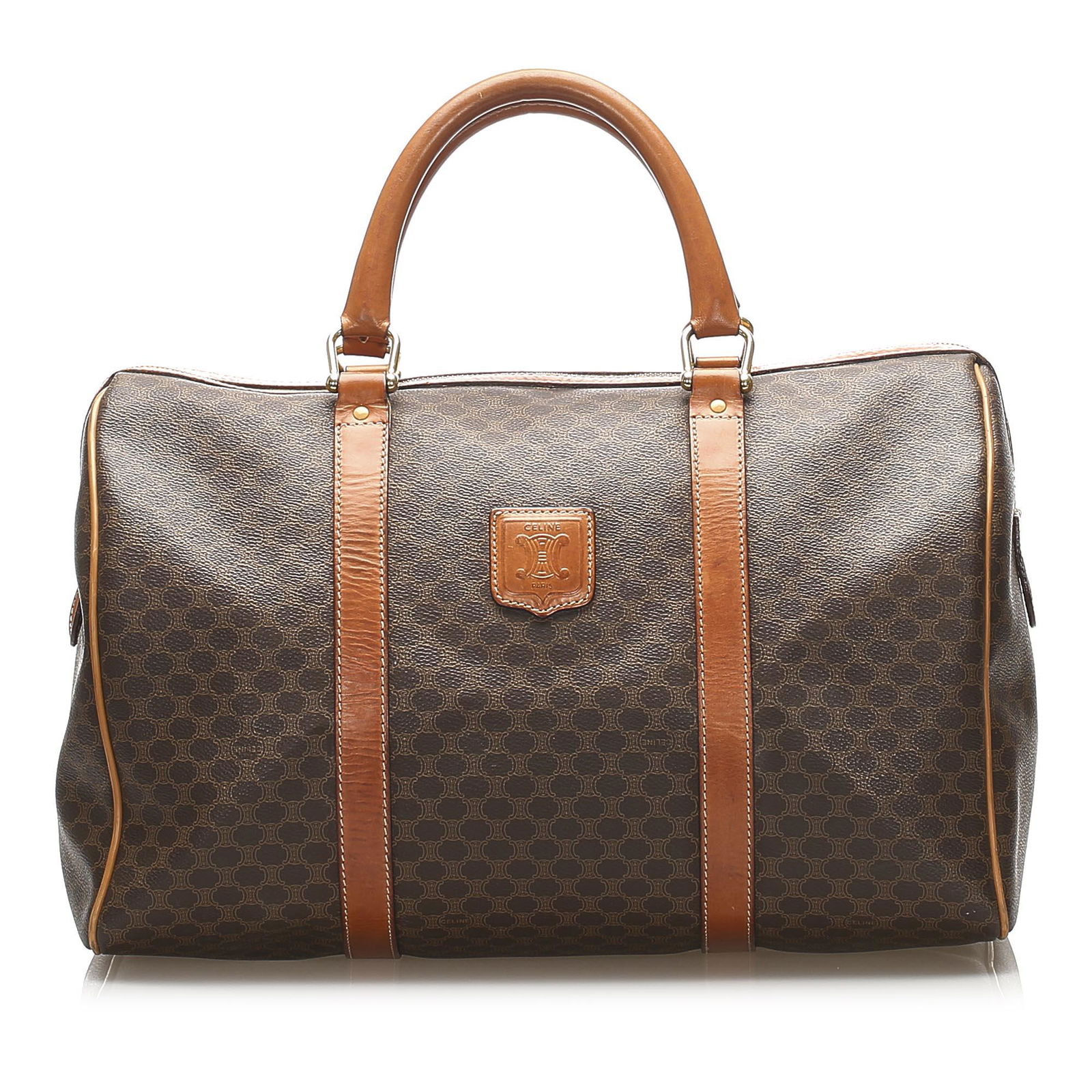 Authentic Celine Macadam Coated Canvas Boston Bag: This boston bag features a coated canvas body with leather trim rolled leather handles a top zip closure and an interior zip pocket. Brand: Celine Model: Macadam Coated Canvas Boston Bag Origin: Italy