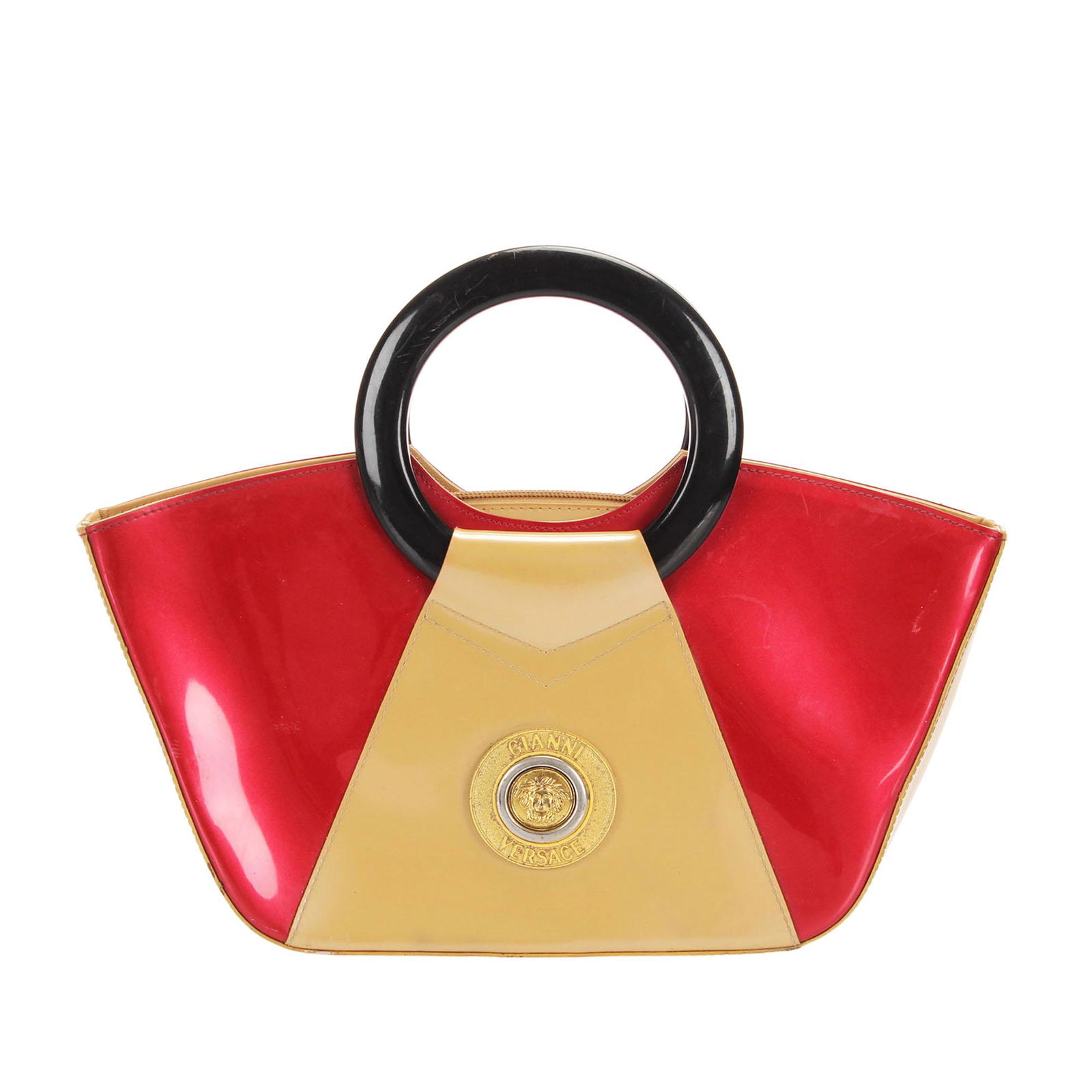 Authentic Versace Gianni Leather Handbag: This handbag features a leather body with gold-tone hardware rolled handles and an open top. Brand: Versace Model: Gianni Leather Handbag Origin: Italy Category: Handbag Color: Brown x Beige x Red Sty