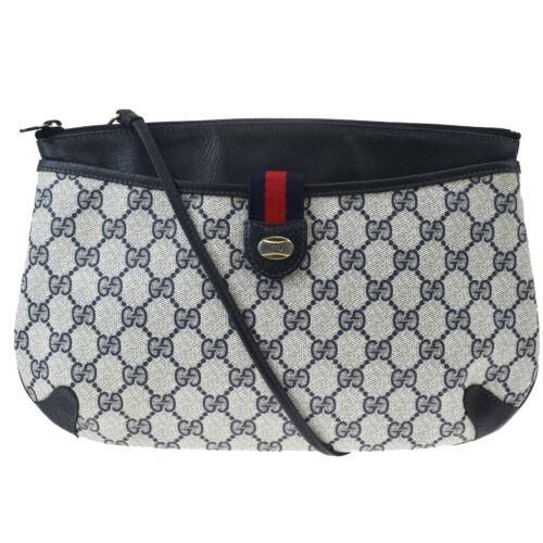 Authentic GUCCI GG Pattern Sherry 2Way Shoulder Clutch: Brand: Gucci Occasion: Casual Size: Medium Model: Gucci Sherry Color: Navy Blue Country/Region of Manufacture: Italy Department: Women Hardware Material: Gold-Plated Style: Shoulder Clutch Bag Handle 