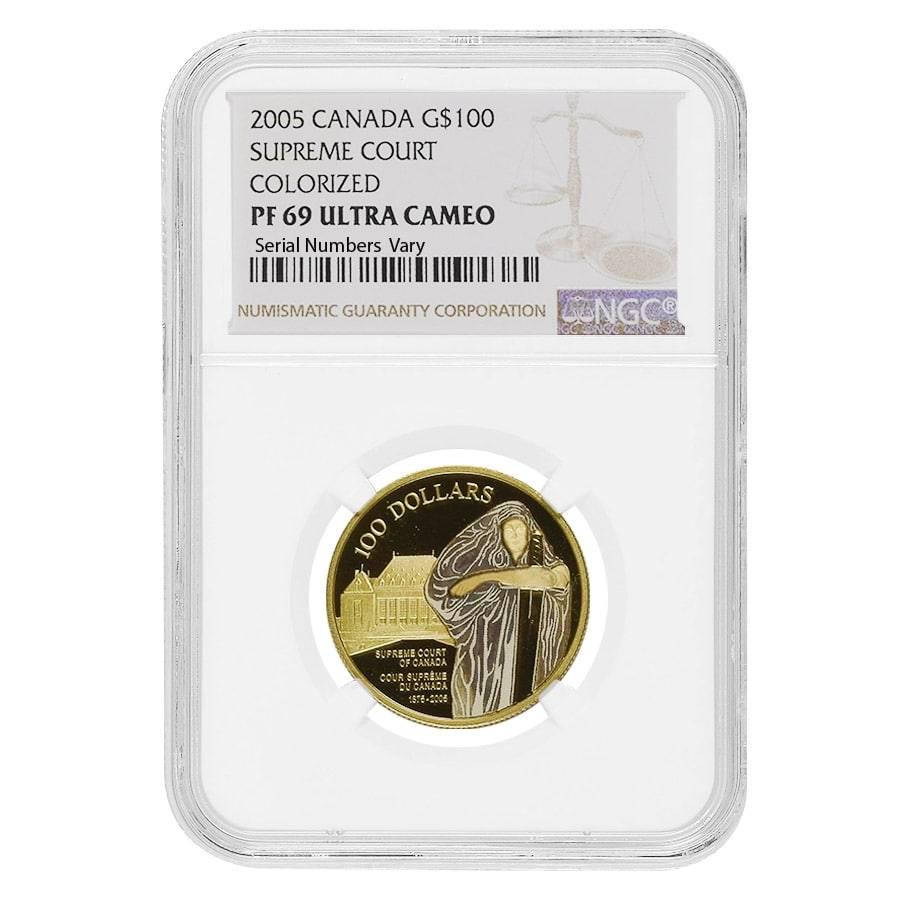 2005 Canada Supreme Court $100 Colorized Proof Gold: You are bidding on the total lot which includes 1 of the following item: 2005 Canada Supreme Court $100 Colorized Proof Gold Coin NGC PF 69 UCAM (AGW .225 oz) This 2005 Canada Supreme Court $100 Color