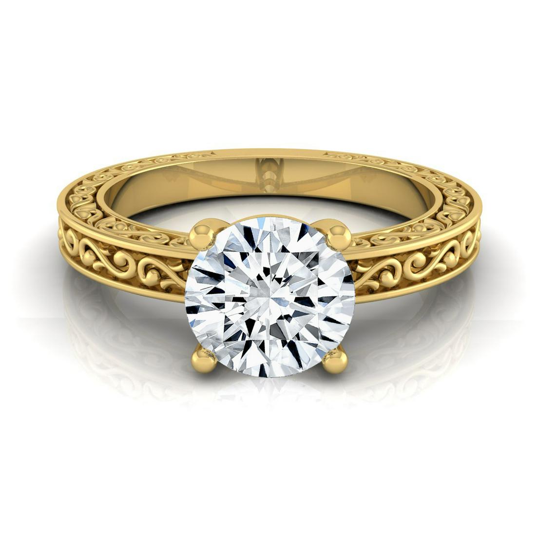 1ct Round Diamond Solitaire Engagement Ring With Scroll: Fanciful Elegance Exudes From This Igi-certified Diamond Engagement Ring With A Scroll Design Shank, Showcasing A 1-carat Round Brilliant Center (h-i Color, Vs Clarity) Set In 14k Yellow Gold 14k Yell
