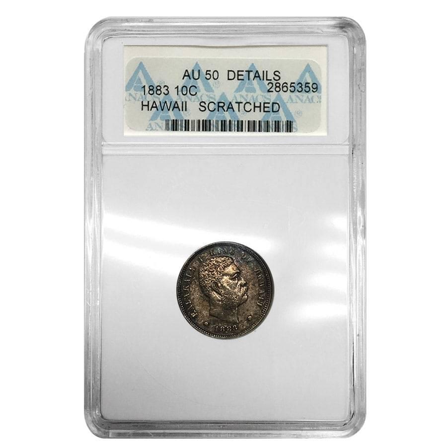 1883 Hawaii King Kalakaua I Dime 90% Silver 10c ANACS: You are bidding on the total lot which includes 1 of the following item: 1883 Hawaii King Kalakaua I Dime 90% Silver 10c ANACS AU 50 This 1883 Hawaii King Kalakaua I Dime 90% Silver Coin is now availa
