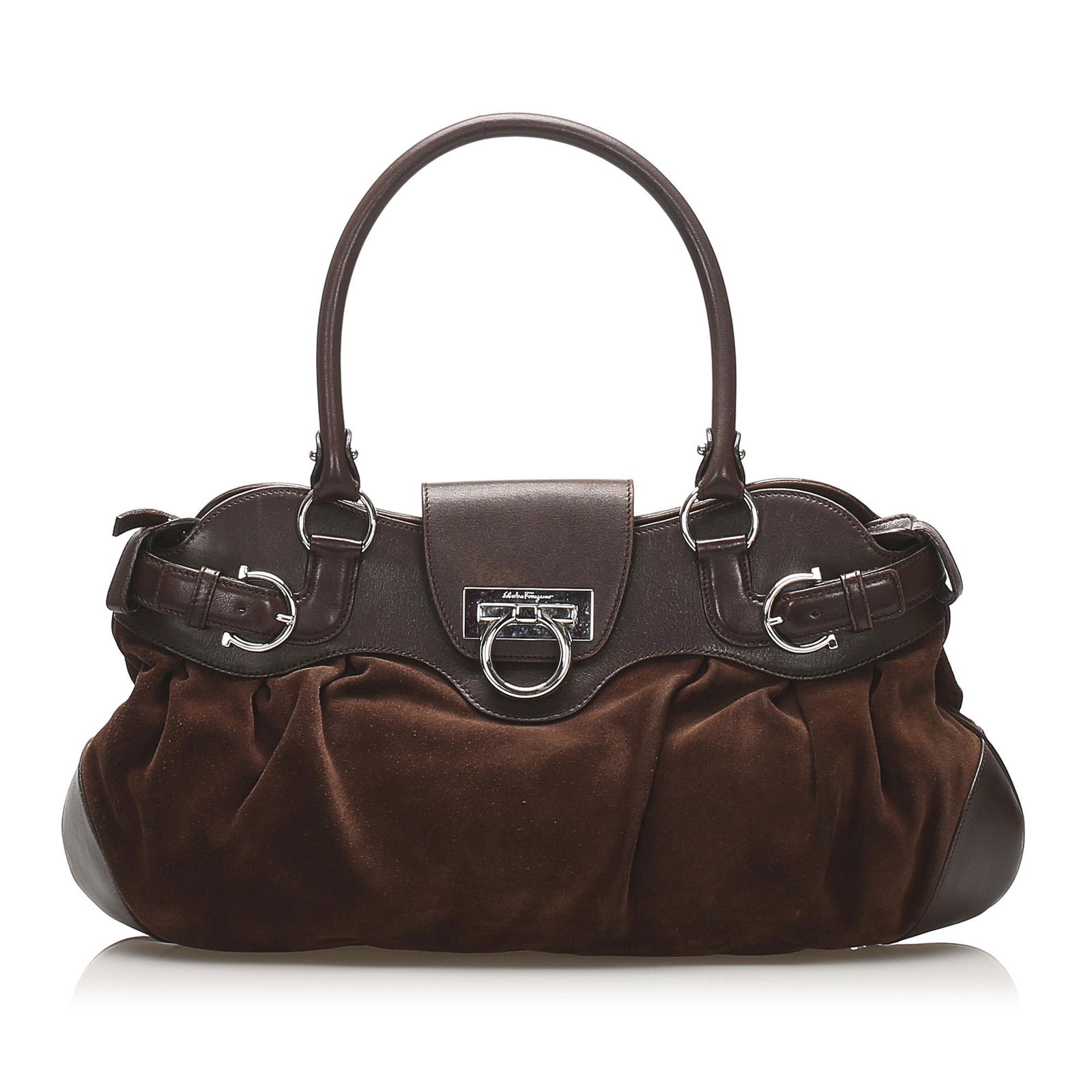 Authentic Ferragamo Gancini Marisa Suede Shoulder Bag: This shoulder bag features a leather body rolled leather straps and a top strap with a magnetic snap button closure. Brand: Ferragamo Model: Gancini Marisa Suede Shoulder Bag Origin: Italy Category: B