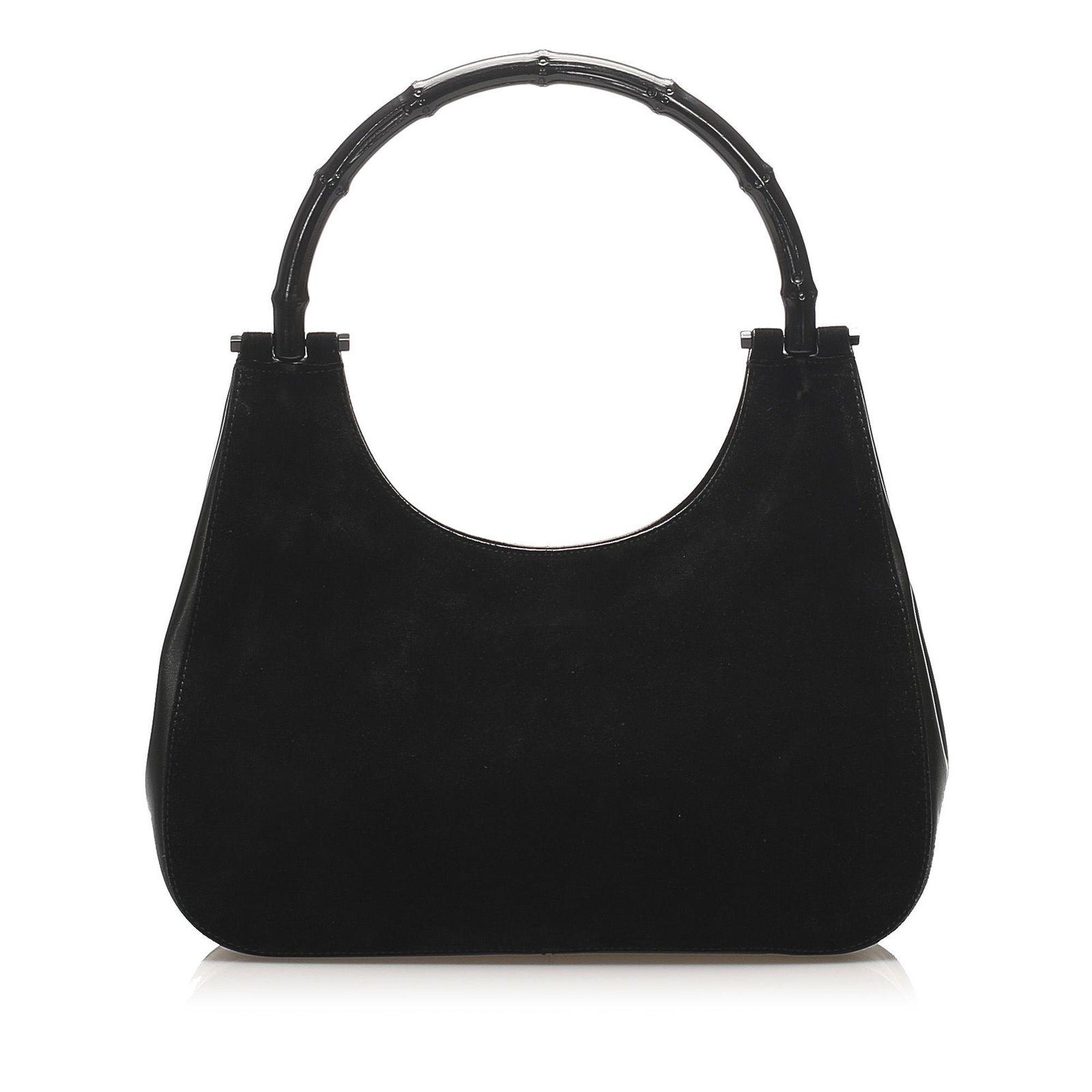 Authentic Gucci Bamboo Suede Handbag: This handbag features a suede body with leather trim bamboo handle open top with magnetic closure and an interior zip pocket. Brand: Gucci Model: Bamboo Suede Handbag Origin: Italy Category: Bags Colo