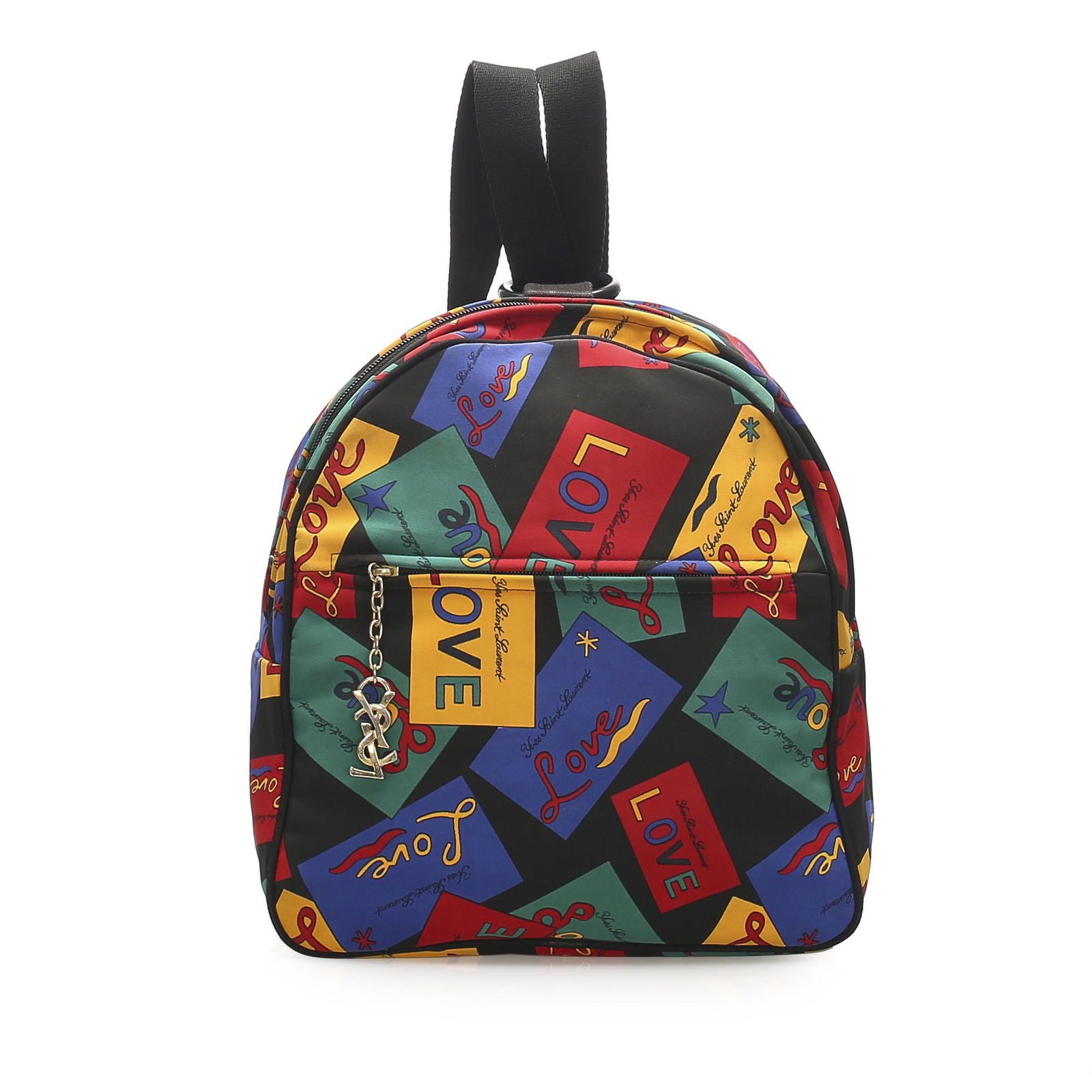 Authentic YSL Printed Love Nylon Backpack: This backpack features a nylon body flat shoulder straps a top zip closure and exterior and interior zip pockets. Brand: YSL Model: Printed Love Nylon Backpack Origin: France Category: Bags Color: Bla