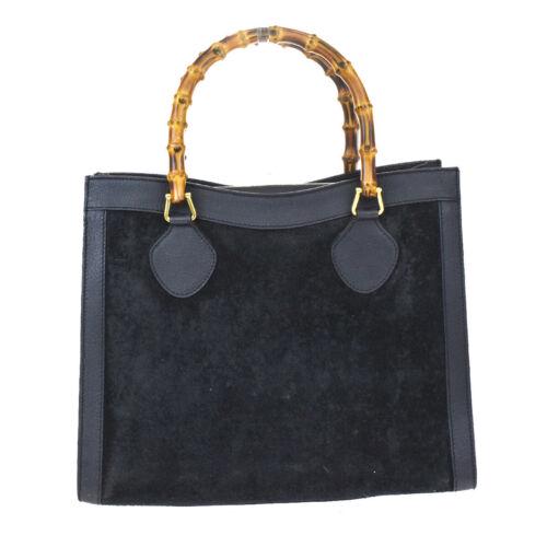 Authentic GUCCI Logo Bamboo Hand Bag Suede Leather: Size: Medium Color: Black Country/Region of Manufacture: Italy Closure: Magnetic Department: Women Hardware Material: Gold-Plated Style: Hand Bag Occasion: Casual Handle Style: Double Handles Brand: G