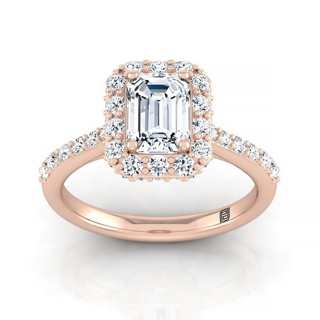 Emerald Cut Diamond Halo Engagement Ring With Pave: A Classic Statement Of Style, This Emerald Cut Diamond Halo Pave Engagement Ring Showcases Brilliant Cut Diamonds (h-i/vs 0.65 Ctw) Beautifully Set In A Classic 14k Rose Gold Setting. 14k Rose Gold En