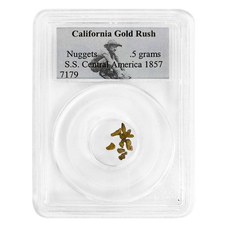 1857 0.5 gram California Gold Rush Nuggets S.S. Central: You are bidding on the total lot which includes 1 of the following item: 1857 0.5 gram California Gold Rush Nuggets S.S. Central America PCGS Please note the nuggets move inside the holder. Both histo